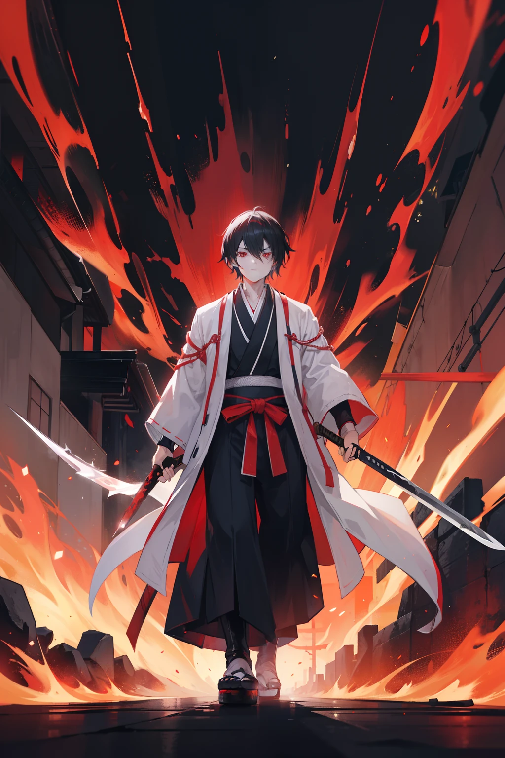 cabelos preto e longos,Red-eyed teenage man,Stand on an empty street at night,extreme hight detail,White jacket,Black Hakama,Aoba Ori,Holding a huge blood-colored weapon in one hand,A Japanese style,Intimidating,Engulfed in flames、Sword
