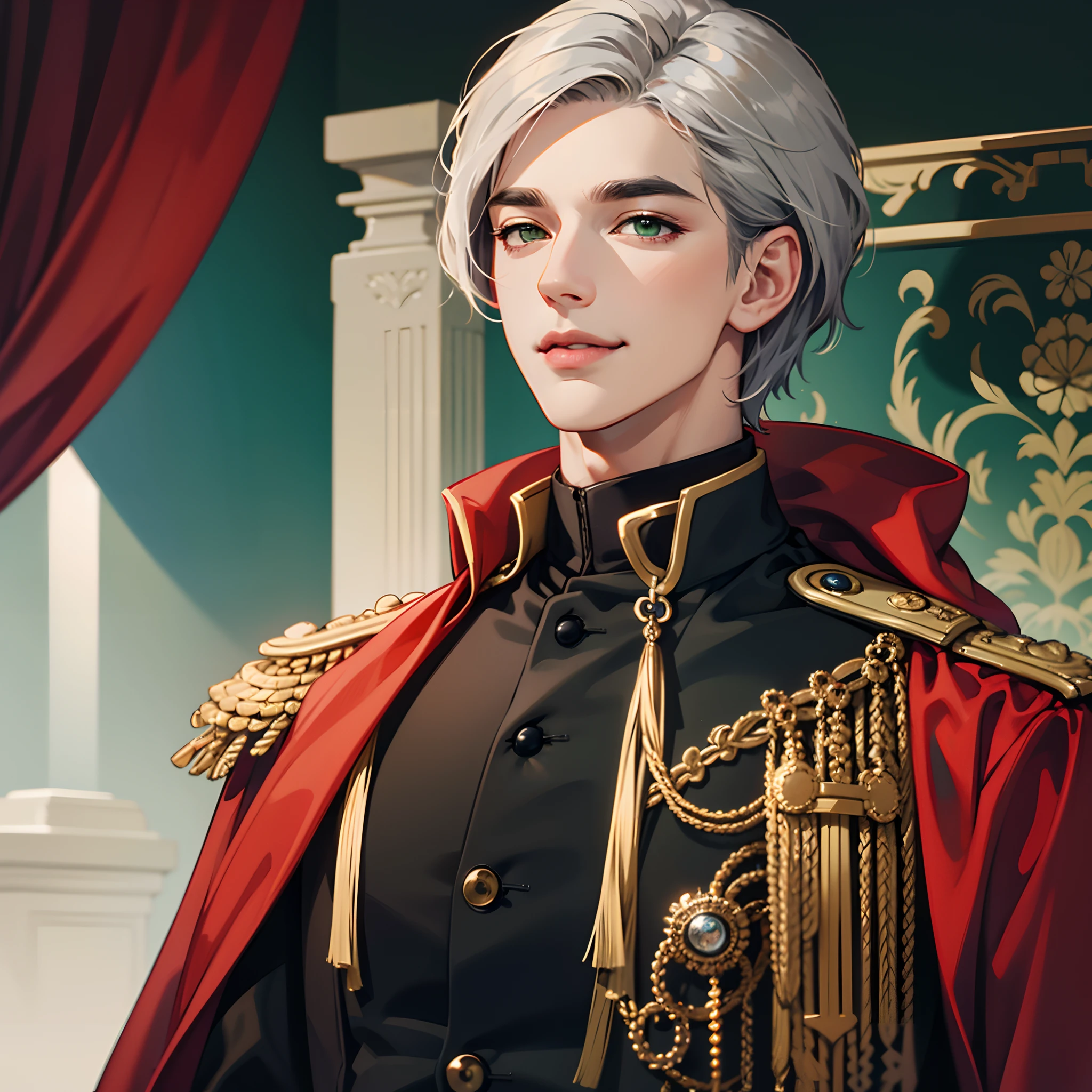 Sagging eyes tail,Mature male,army suit,Suiband,Gray hair,Green eyes,medal,Fringed epaulettes,Sagging eyes,Deep eyebrows,short detailed hair,ellegance,mistic,Abstinence,Majesty,military officer,Smile freely,head portrait,closeup cleavage,Realistic,OilPaintStyle,Sense of heaviness,Look to the lens