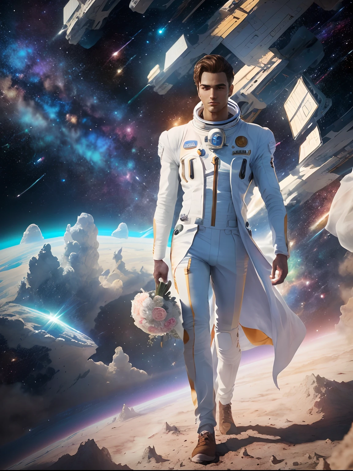 (qualidade superior, 16k, master part: 1.3), (corpo inteiro), (Textura Facial e de Pele Altamente Detalhadas), (Homem bonito com figura perfeita: 1.4), (Agender wedding attire), (hiper-realismo), (high resolution), (Walking in space) --auto --s2