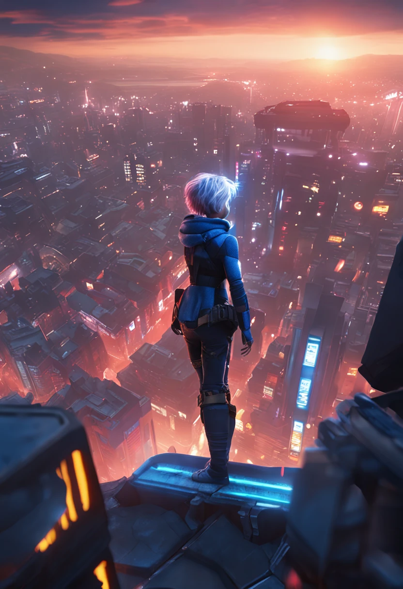 absurdres, 1girl, short blue hair, glowing white eyes, city, night lights, inside of a crater, super hero landing pose, broken road, overhead point of view angle, looking at viewer, 8k, high res, masterpiece,
