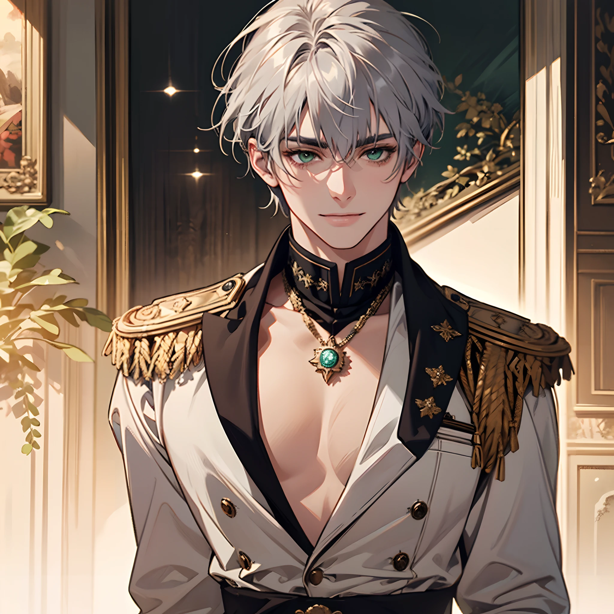 Sagging eyes tail,Mature male,army suit,Suiband,Gray hair,Green eyes,medal,Fringed epaulettes,Sagging eyes,Deep eyebrows,short detailed hair,ellegance,mistic,Abstinence,Majesty,military officer,Smile freely,head portrait,closeup cleavage,Realistic,OilPaintStyle,Sense of heaviness,Look to the lens