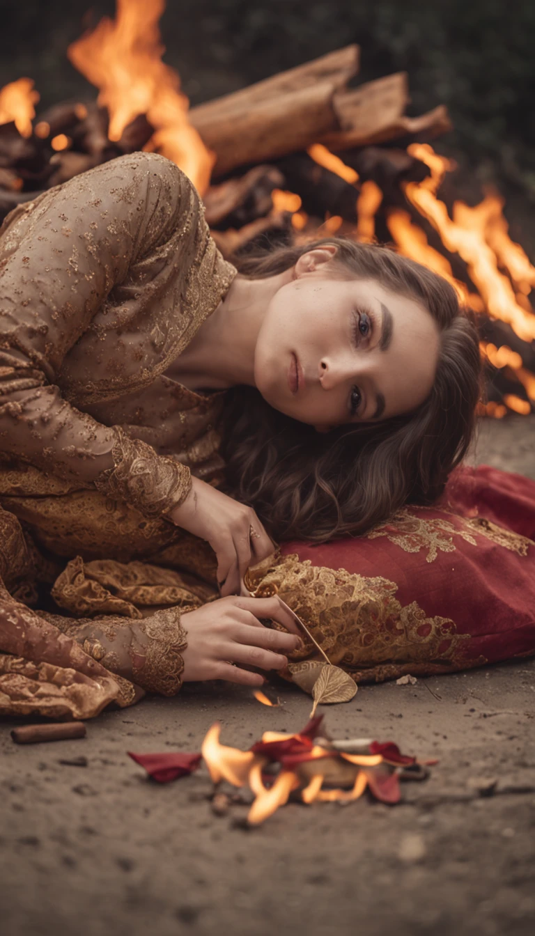 dead bodies on the floor, fire, a lot of flames, clothing on fire, burning,1600s