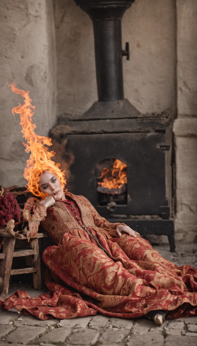 dead bodies on the floor, fire,  a lot of flames, clothing on fire, burning,1600s