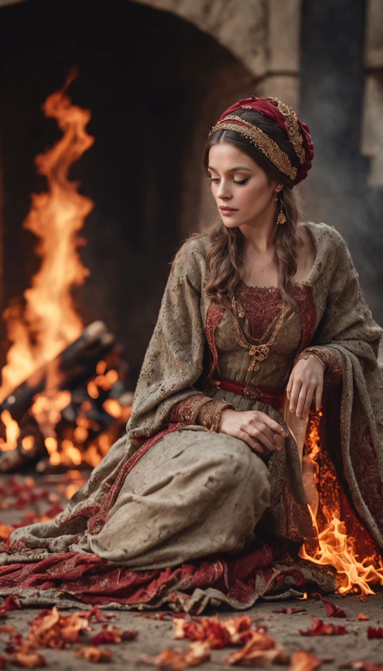 dead bodies on the floor, fire, a lot of flames, clothing on fire, burning,1600s