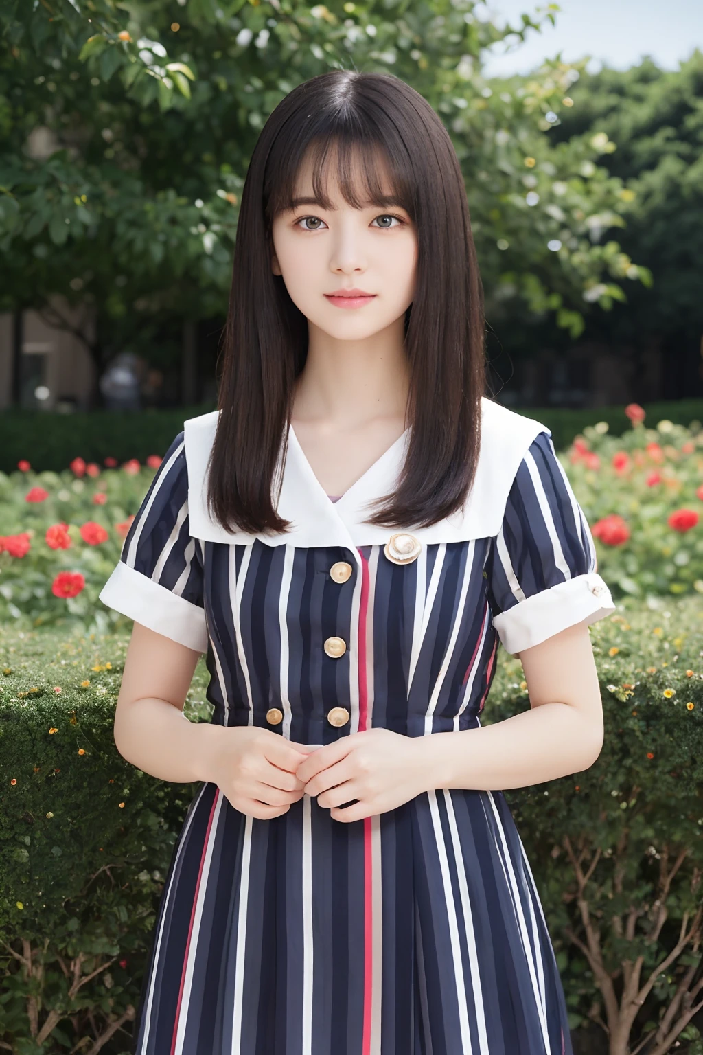 masterpiece, best quality, 1girl, nogizaka_costume, cowboy shot, thighs, beautiful girl, flowers, many small petals, garden, blue sky, looking at viewer, small waist, official art, raw photo, incredibly absurdres, facelight, dynamic lighting, cinematic lighting, ultra realistic, highres, photography, sharp focus, highest detailed, extreme detailed, ultra detailed, finely detail, extremely detailed eyes and face