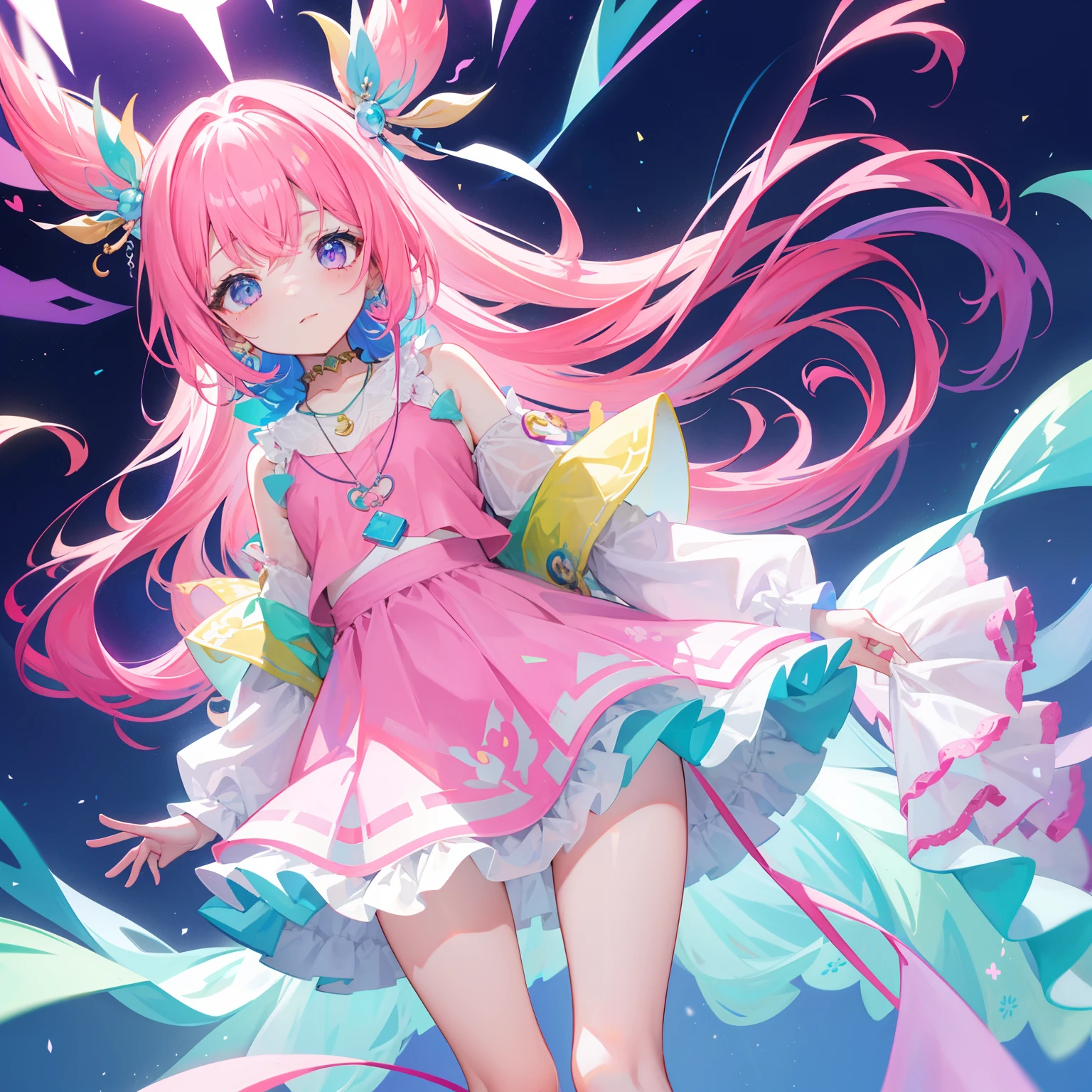 Colorful light background，long whitr hair，Has a bright pinkish-purple transparent gum texture，In pink、Wear yours with blue and white，yellow and greens，Cyan matching accessories pendant decoration，This is a very sweet and sweet loli girl