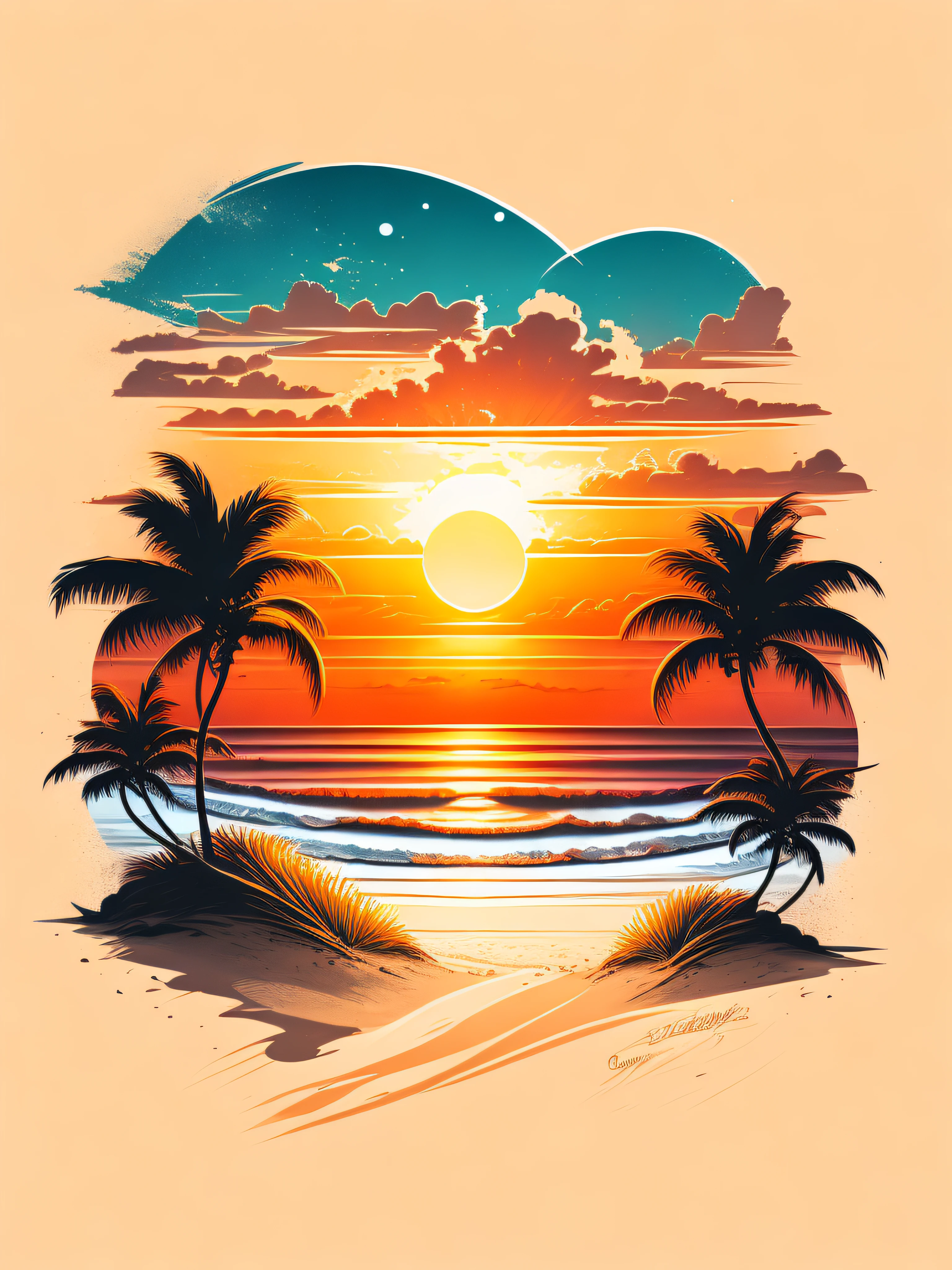 Sunset on the beach, white sand, epic composition, t-shirt design, rzminjourney, vector art
