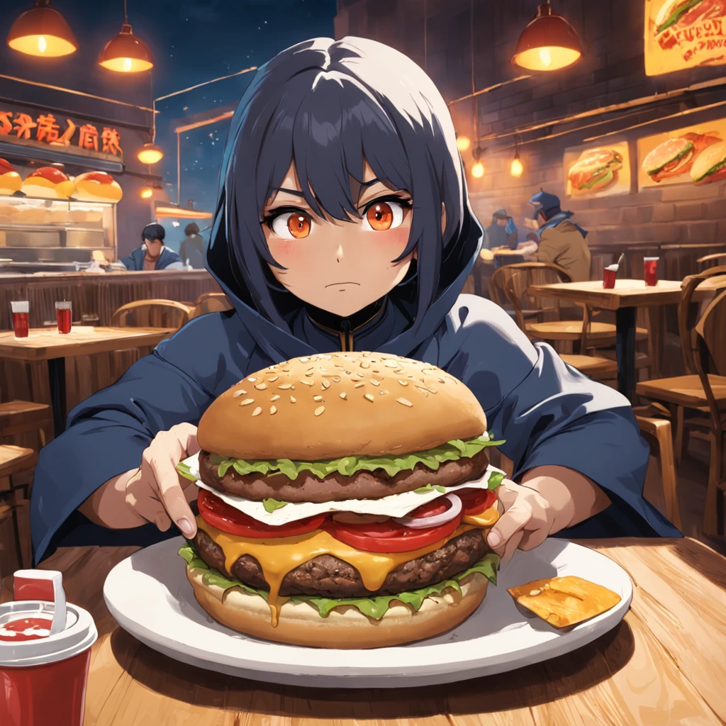 tartaruga ninja comendo uma fatia de burger em um restaurante com pessoas sentadas em mesas, comendo uma pizza, comendo burger, comendo uma burger margherita, mastigando burger, buttercup comendo burger segurando uma burger, segurando burger, segurando uma burger grande!!, compartilhando uma burger, comendo queijo, pizza!, gostoso, a burger tem uma grande cornicione, comer