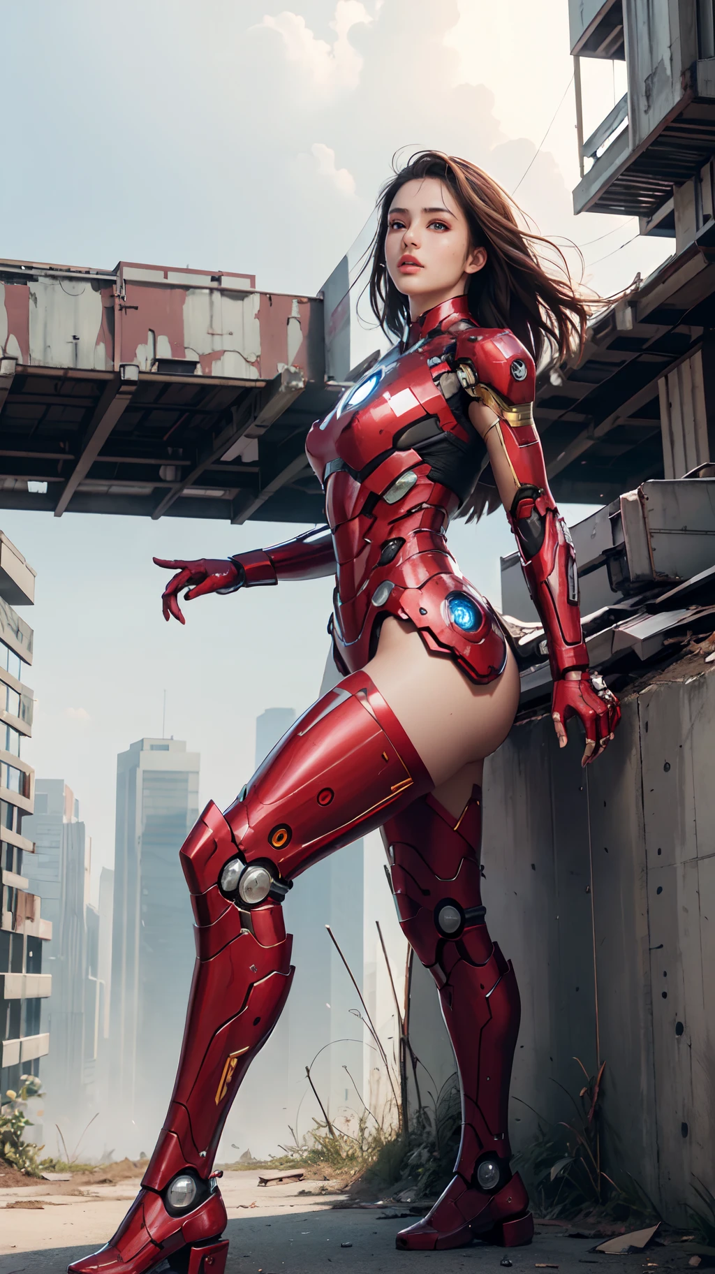 RAW, Masterpiece, Ultra Fine Photo,, Best Quality, Ultra High Resolution, Photorealistic, Sunlight, Full Body Portrait, Stunningly Beautiful,, Dynamic Poses, Delicate Face, Vibrant Eyes, (Side View) , she is wearing a futuristic Iron Man mech, red and gold color scheme, highly detailed abandoned warehouse background, detailed face, detailed and complex busy background, messy, gorgeous, milky white, sexy design, high detailed skin, realistic skin details, visible pores , sharp focus, volumetric fog, 8k uhd, dslr camera, high quality, film grain, fair skin, photorealism, lomography, sprawling metropolis in futuristic dystopia, view from below, translucent