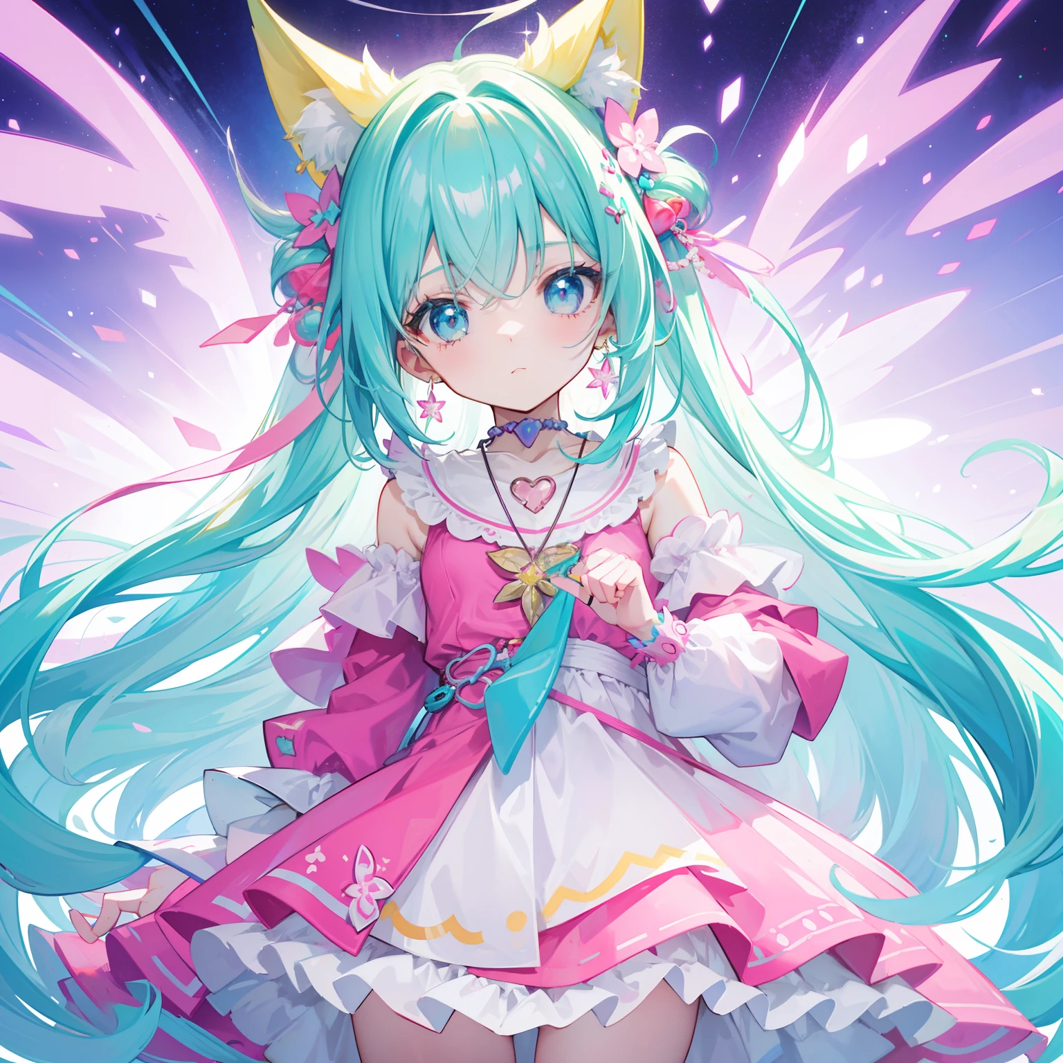 Colorful light background,long whitr hair,Has a bright pinkish-purple transparent gum texture,In pink、Wear yours with blue and white,yellow and greens,Cyan matching accessories pendant decoration,This is a very sweet and sweet loli girl
