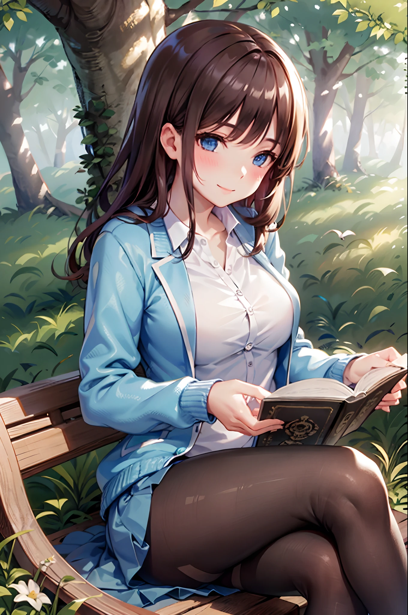 best quality, masterpiece, nice hands, perfect hands, Miku, smile,medium breasts, Blue Cardigan, sitting under a tree, reading a book, detailed skin texture, (blush:0.5), (goosebumps:0.5), subsurface scattering,cross leg,medium thighs ,black tights