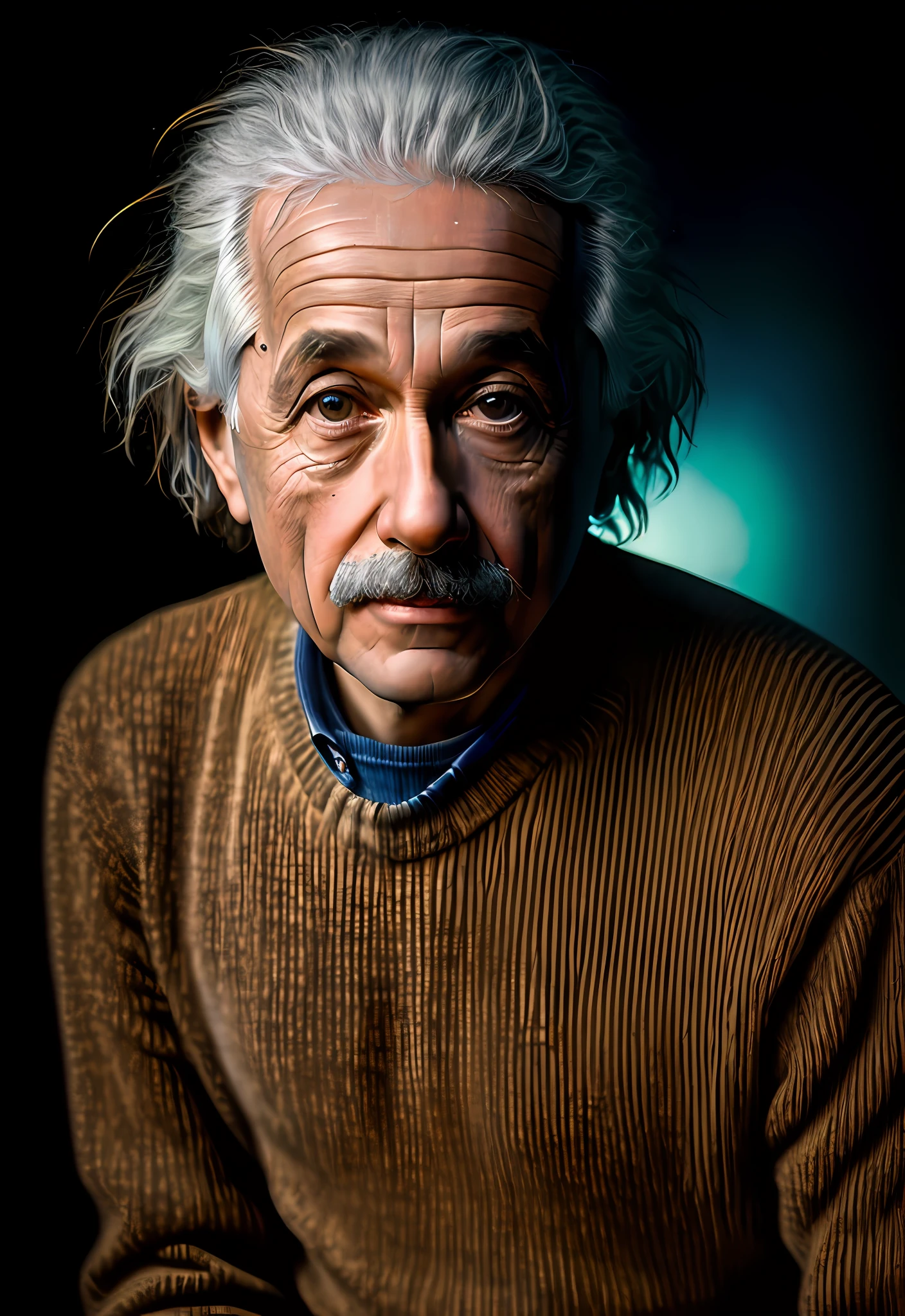 Albert einstein(​masterpiece, Photorealista, raw,:1.4), (very intricate:1.2), close-up, ciinematic light, side lights, 超A high resolution, best shade, raw, The upper part of the body, oud, wearing pullover, Present with color on dramatic background, Photo studio in the background