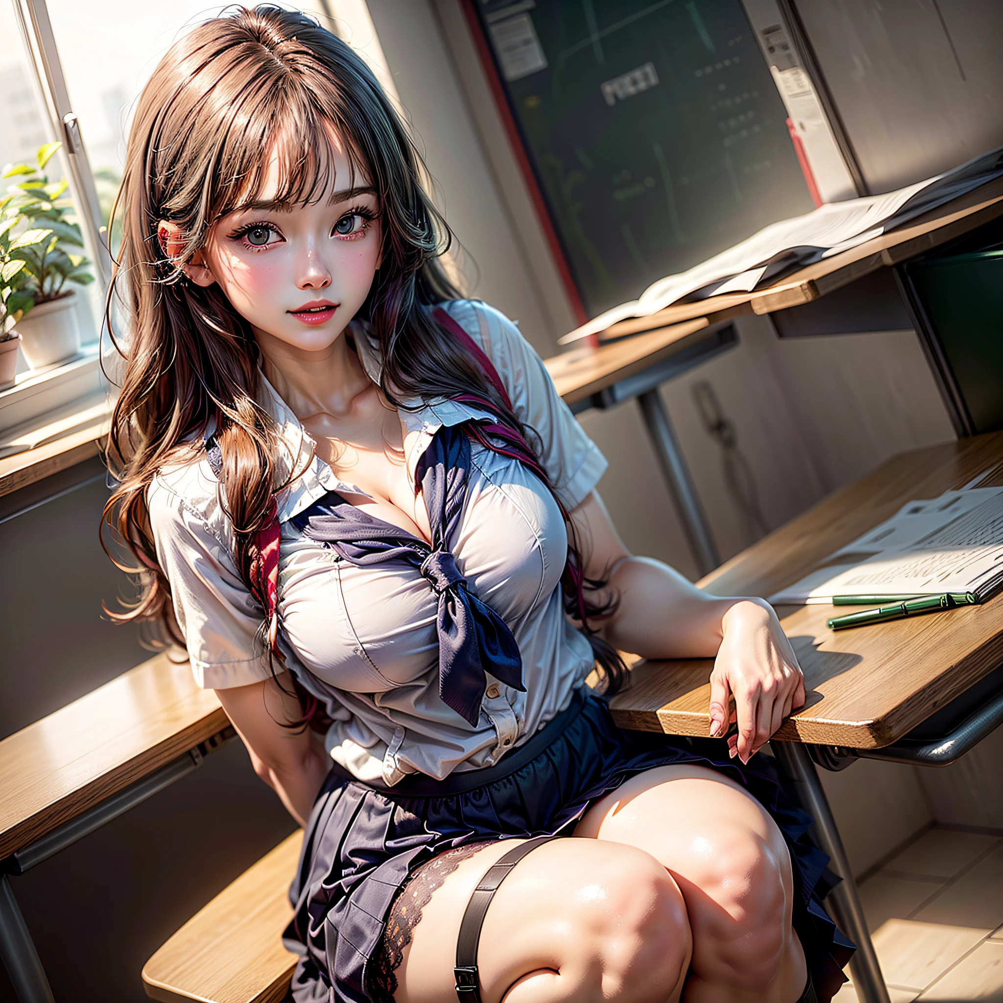 1beautiful young girl, Beautiful face, (Slender body:1.2), Realistic, extremely detailed CG unified 8k wallpaper, ighly detailed, High-definition raw color photos, professional photograpy, Realistic portrait, Cinematic Light, Beautiful detailed, (Beautiful breasts:), (cleavage of the breast:1.2), (school uniform with wide open chest:1.5), (Mini skirt:1.3), (very small white lace panties:1.5), (squatting:1.1), cameltoe details, Indoors, school, (Best Quality:1.4), Super Detail, High quality,