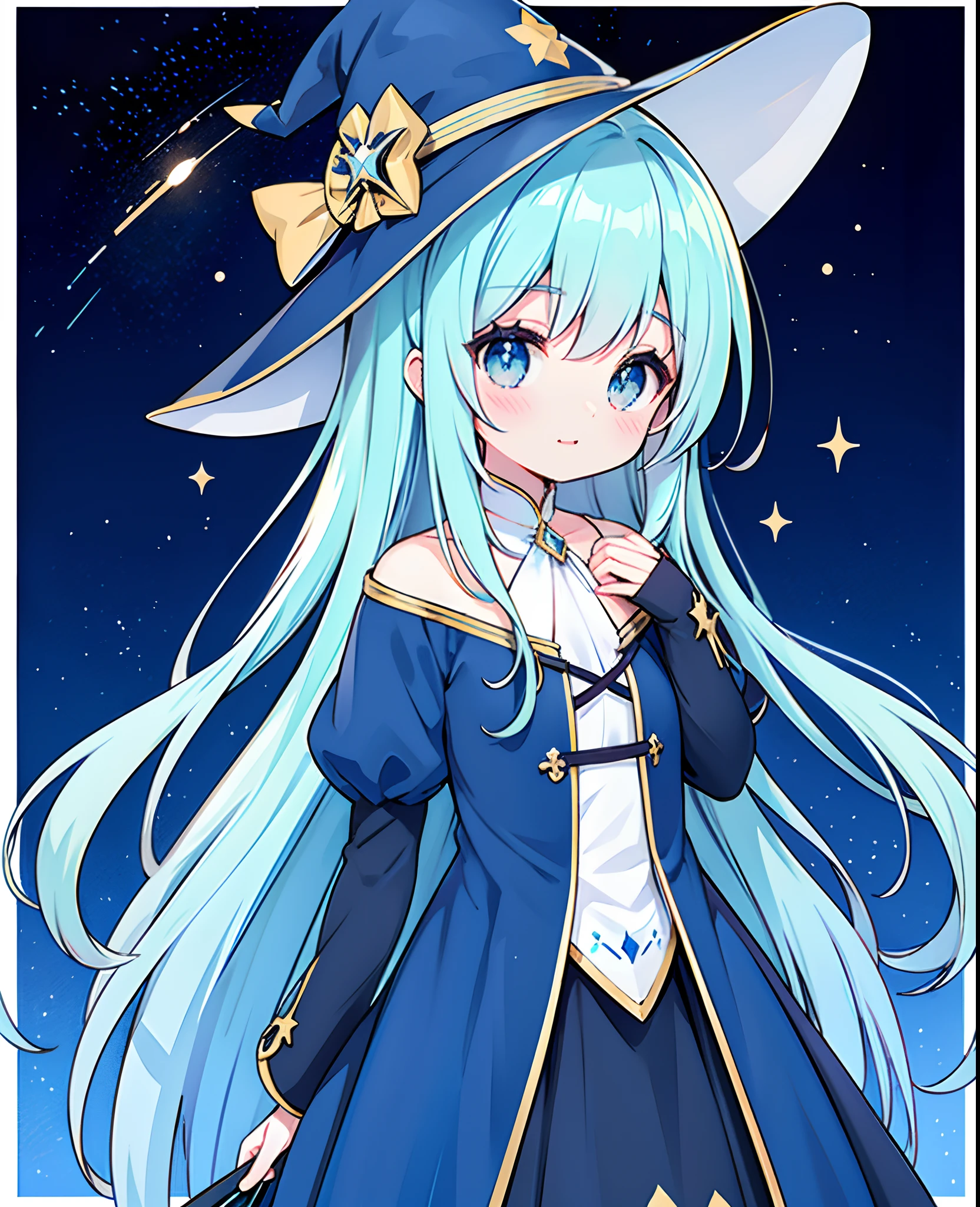 anime girl with blue hair and a blue hat and blue dress, zerochan art, trending on artstation pixiv, witch's hat, fantasy witch flowing dress, masterpiece, best quality, beautiful face, sparkling eyes, celestial dark background