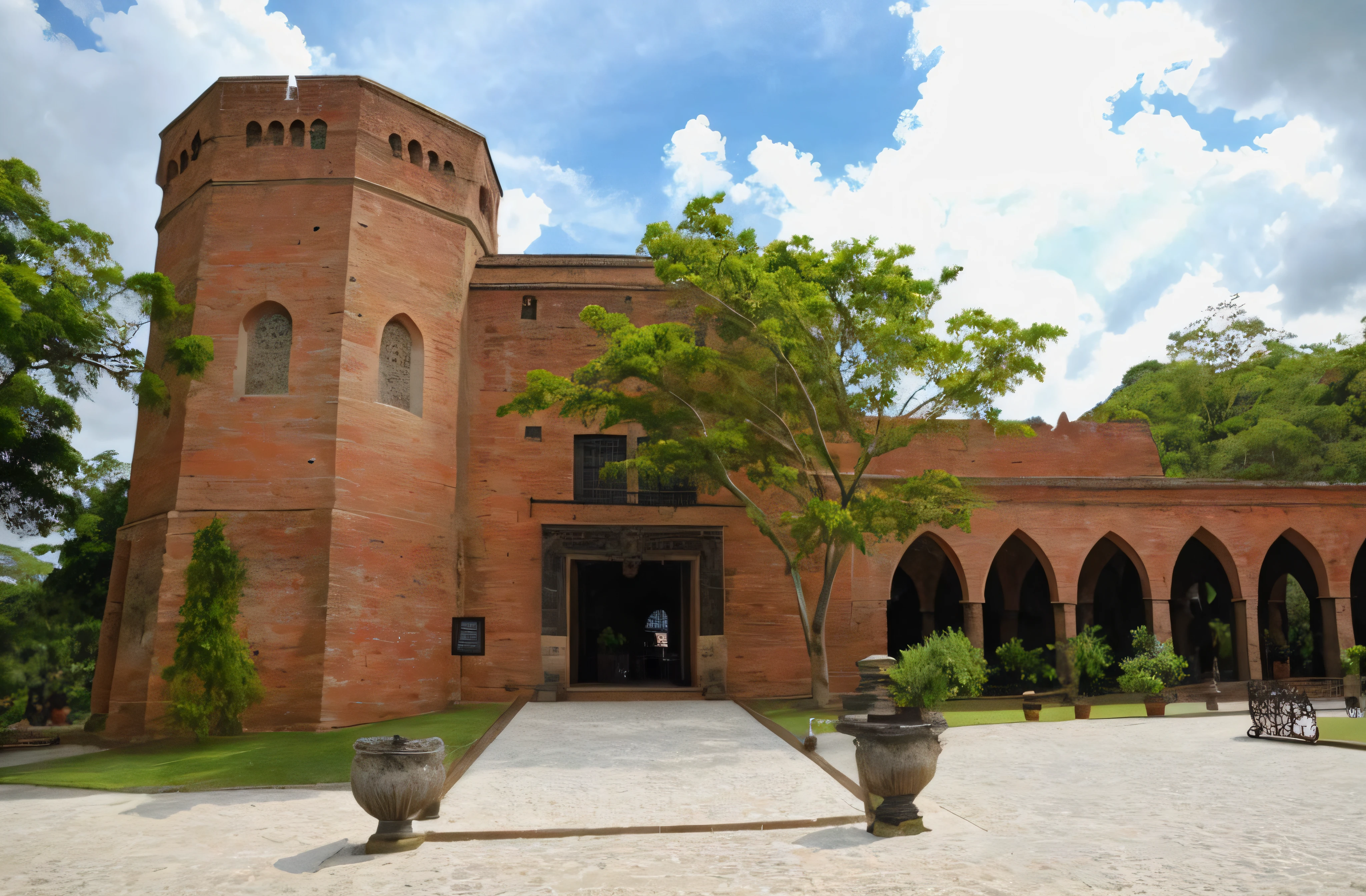 There is a large brick building with a clock tower on top, historical setting, gothic baroque citadel, vista frontal, Museu de Arte, museu, dramatic masterpiece, brick building, exterior botanical garden, visto de fora, Obra-prima do museu, Obra-prima maravilhosa, ambiente do museu, Museu de Arte, um tiro do meio da frente, Preserved history, tourist destination, front view dramatic, majestosa obra-prima