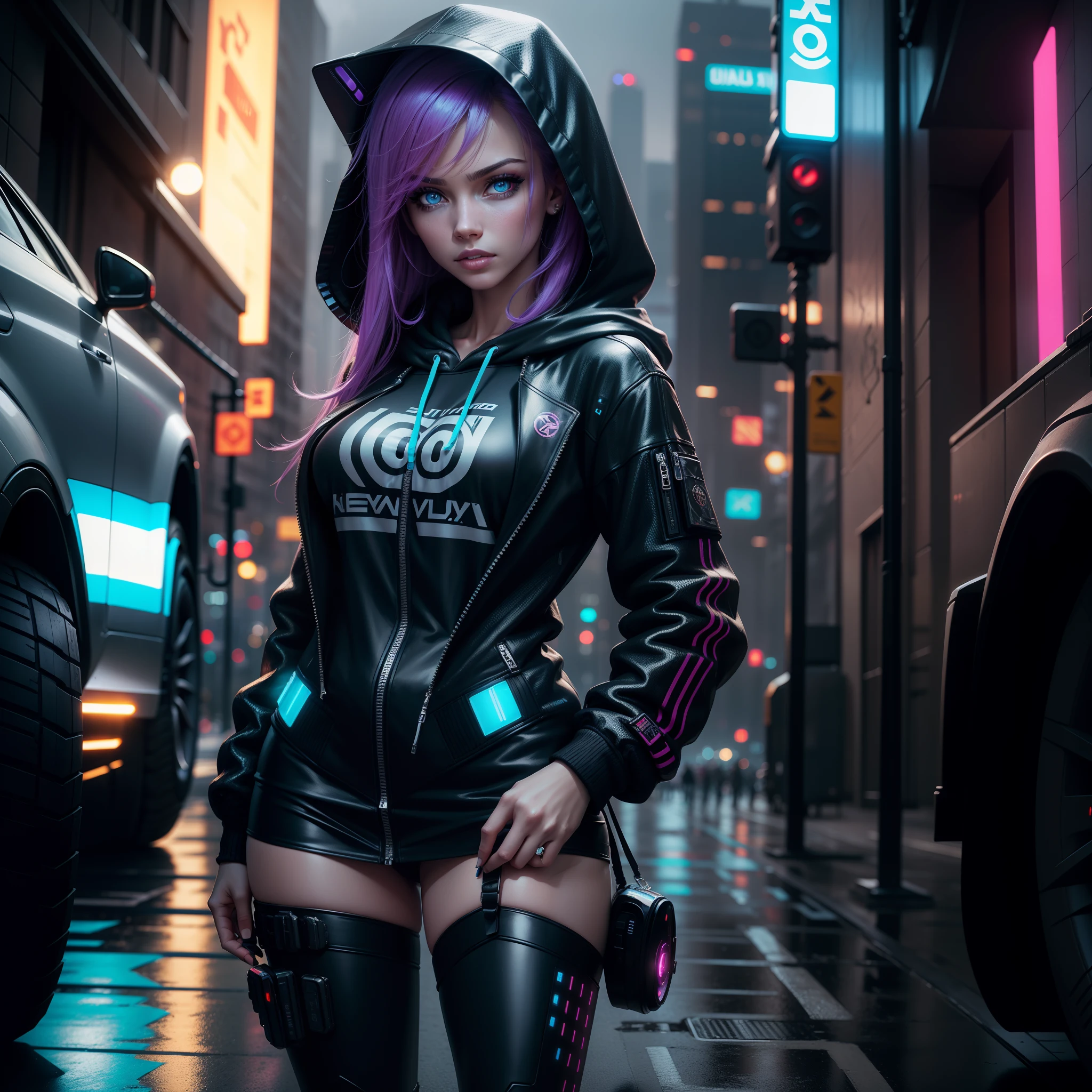 solo, a beauty woman,cyberpunk,hoodie with cyberpunk features, sparkle eyes, blue pupils, perfect eyes, rainy cyber punk city parking lot with futuristic cars, thin gap, portrait 35 mm, detailed bokeh background, high resolution, 8k