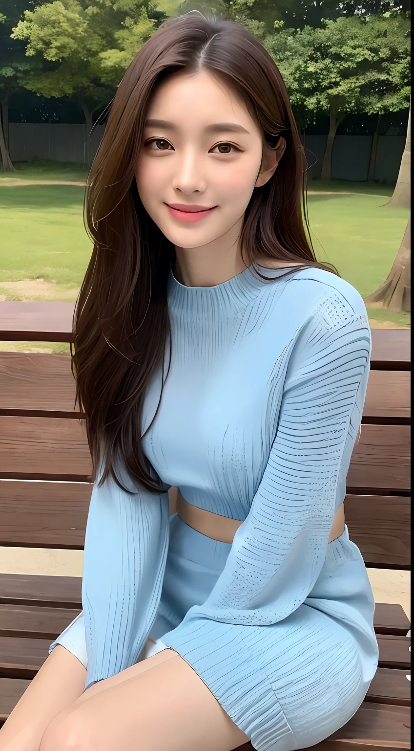 ((Top Quality, 16k, Masterpiece: 1.3)), Focus: 1.2, Perfect Body: 1.2, Big, Slender Abs, (Detailed Face and Skin Texture, Small Face, Delicate Eyes, Double Eyelids, Light Smile), (Long Brown Hair), (Sky Blue Color Sweater), (Park White Bench, Sitting), From the Front, Above the Knee, Full Body