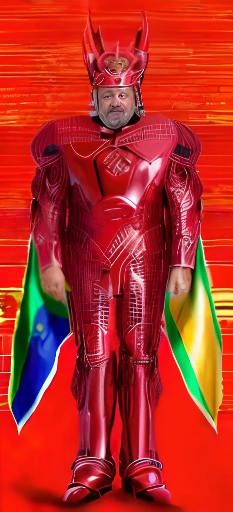 Lula, presidente do Brasil in a red cyborg suit, wearing a red hat with red horns