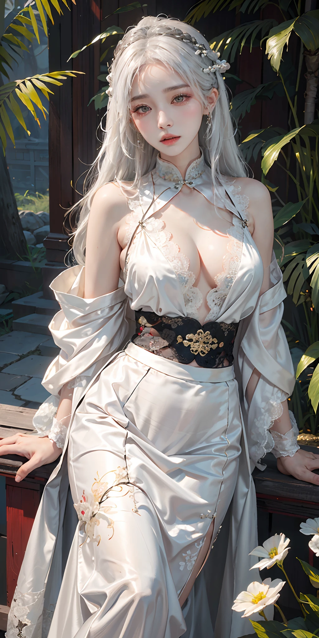 photorealistic, high resolution, soft light,1women, solo, hips up, shining skin, (detailed face),tattoo, jewelry, white hair, ((Chinese woman wears Hanfu, Guochao, Song, chest-length skirt, silk, lace)), chinese achitecture