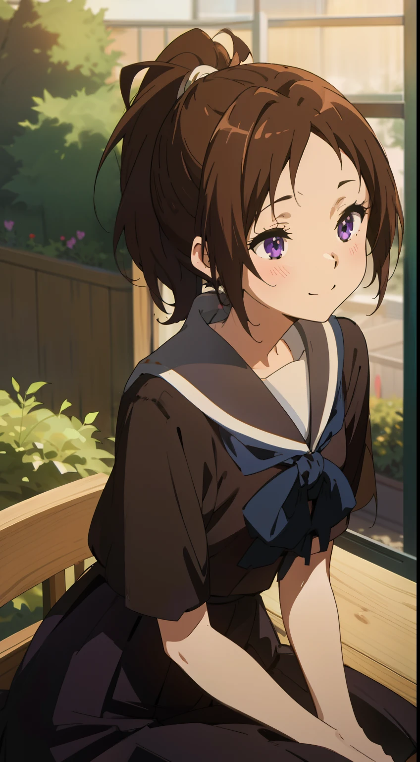 kitauji_high_school_uniform, (masterpiece), (best quality),1girl, gorgeous, (perfect face), sitting,cozy, calm, peace, happy, smilling, expressive eyes, cute, garden, nature, skirt, nature, pony tail, purple eyes, brown skirt, hyouka