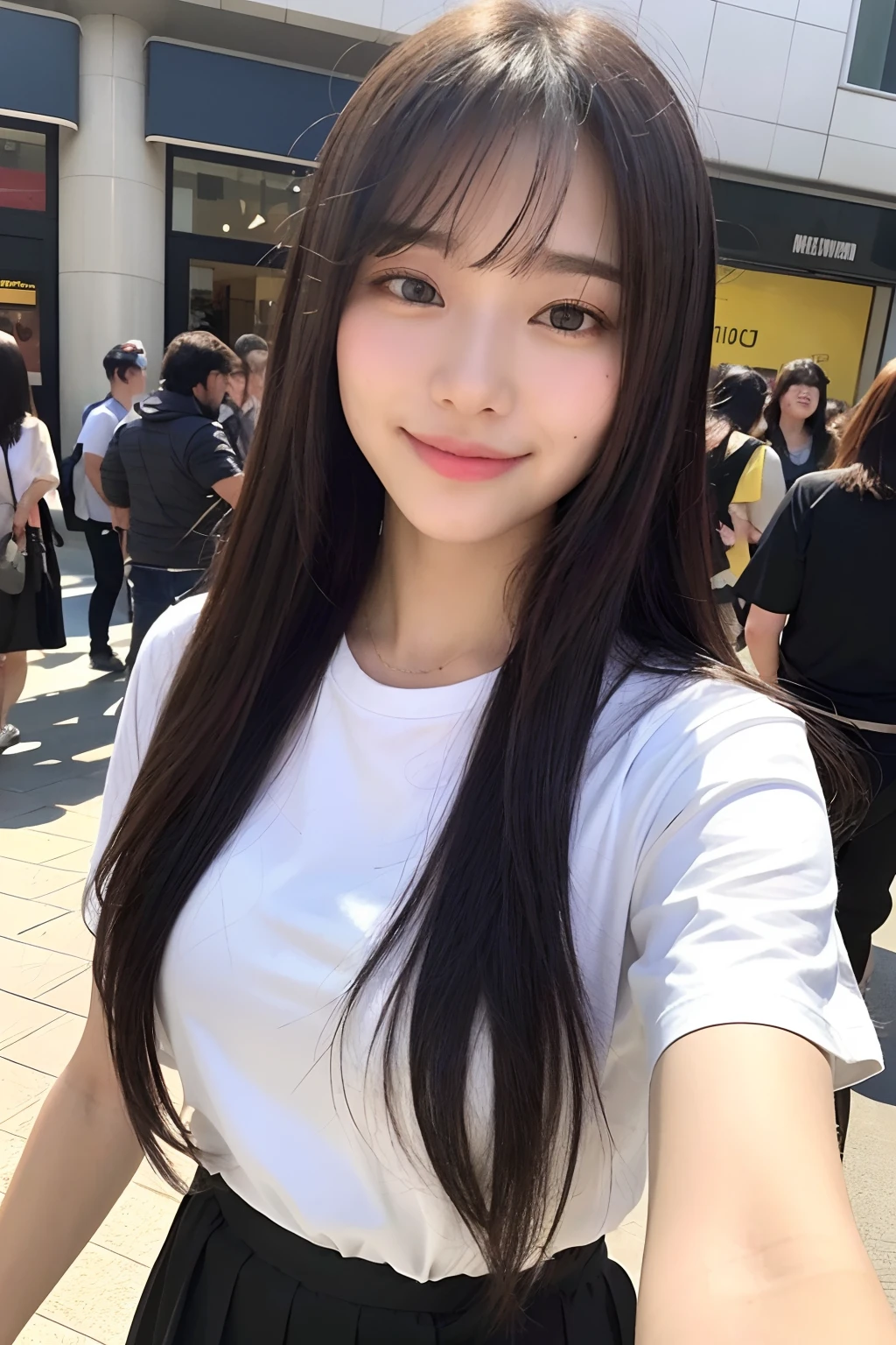 (8k、RAW Photography、top-quality、masuter piece:1.2)、ultra-detailliert、ultra res、(realisitic、rialistic photo:1.37)、portlate、high-definition RAW color photography、Professional Photography、highly detailed and beautiful、ighly detailed、8K wallpapers、amazing detailed、huge filesize、Official Art、Highly detailed CG Unity 8k wallpapers、highly detailed beautiful girl、extra detailed face、extremely detailed eye、highlydetailed skin、extremely detailed fingers、highly detailed nose、very detailed detailed mouth、Perfect Anatomy、highly detailed back ground、Highly detailed clothing、女の子 1 人、(18:1.2)、Teen、Cute little girl s、famous Japan idol、cute little、Realistic body、小柄、de pele branca、glistning skin、Slim body、A dark-haired、Long straight hair、(Blunt bangs:1.2)、a smile、kawaii、zora々Right、kawaii faces、lifelike face、Delicat eyes、Sauce order、White T-shirt、skirt by the、耳Nipple Ring、Looking at the camera、cowboy shot、front facing、Standing、Contrapo, high street, public, crowd, 动态照明, very Bigger breasts,