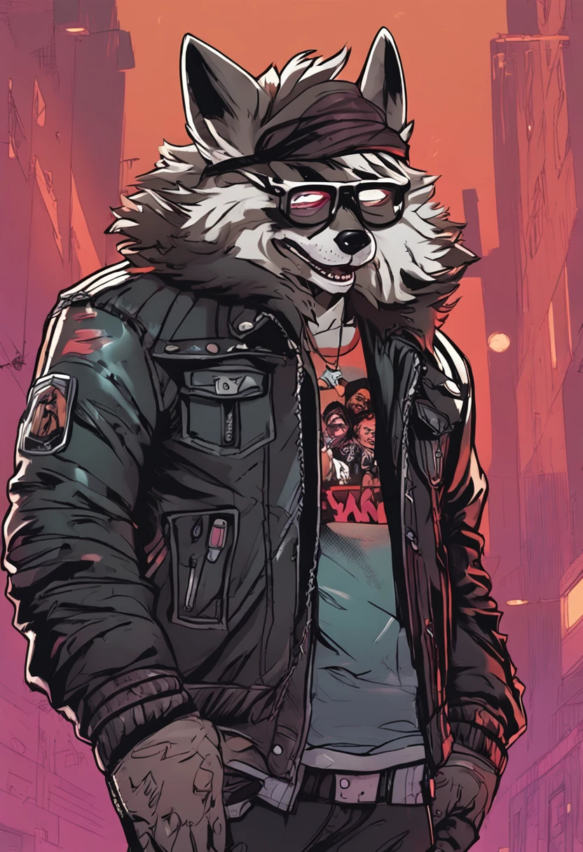 Furry, not human, wolf anthropomorphic, wearing leather daddy, wearing punk jacket, holding black glasses, street fighter character style, spiked gloves, smiling confidently, dark street