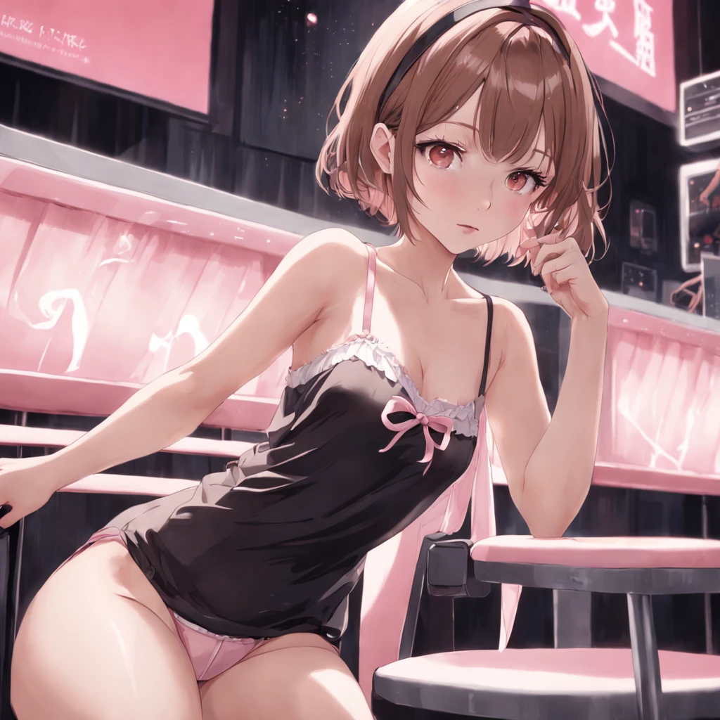 20 years old, beautiful, gentle expression, one woman, brown hair, bobbed hair, bangs together, brown eyes, light pink lipstick, small ribbon hair clip. Pale pink short camisole, pale pink panties. Sitting on a chair in an Internet cafe. White cream spills on her panties. Wearing headphones with microphone, photo quality, high quality. Smartphone tucked into panties. She pulls up her camisole.