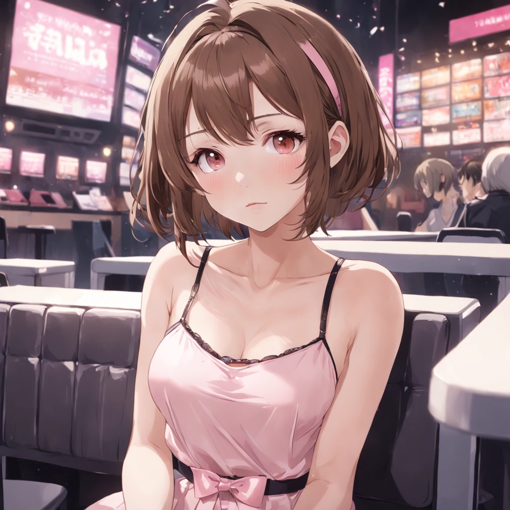 20 years old, beautiful, gentle expression, one woman, brown hair, bobbed hair, bangs together, brown eyes, light pink lipstick, small ribbon hair clip. Pale pink short camisole, pale pink panties. Sitting on a chair in an Internet cafe. White cream spills on her panties. Wearing headphones with microphone, photo quality, high quality. Smartphone tucked into panties. She pulls up her camisole.