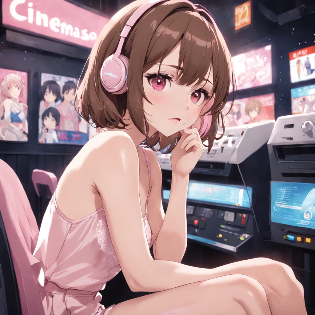20 years old, Beautiful, Gentle expression, A woman who is, Brown hair, short detailed hair, Bangs together, Brown eyes, light Pink lipstick, Small ribbon hairpins. Short pale pink camisole vest, Pale pink panties. Sit in a chair in an internet café. White cream spilled over her panties. Wear headphones with a microphone, Photo quality, High quality. The smartphone is tucked into panties. She pulled up her camisole .