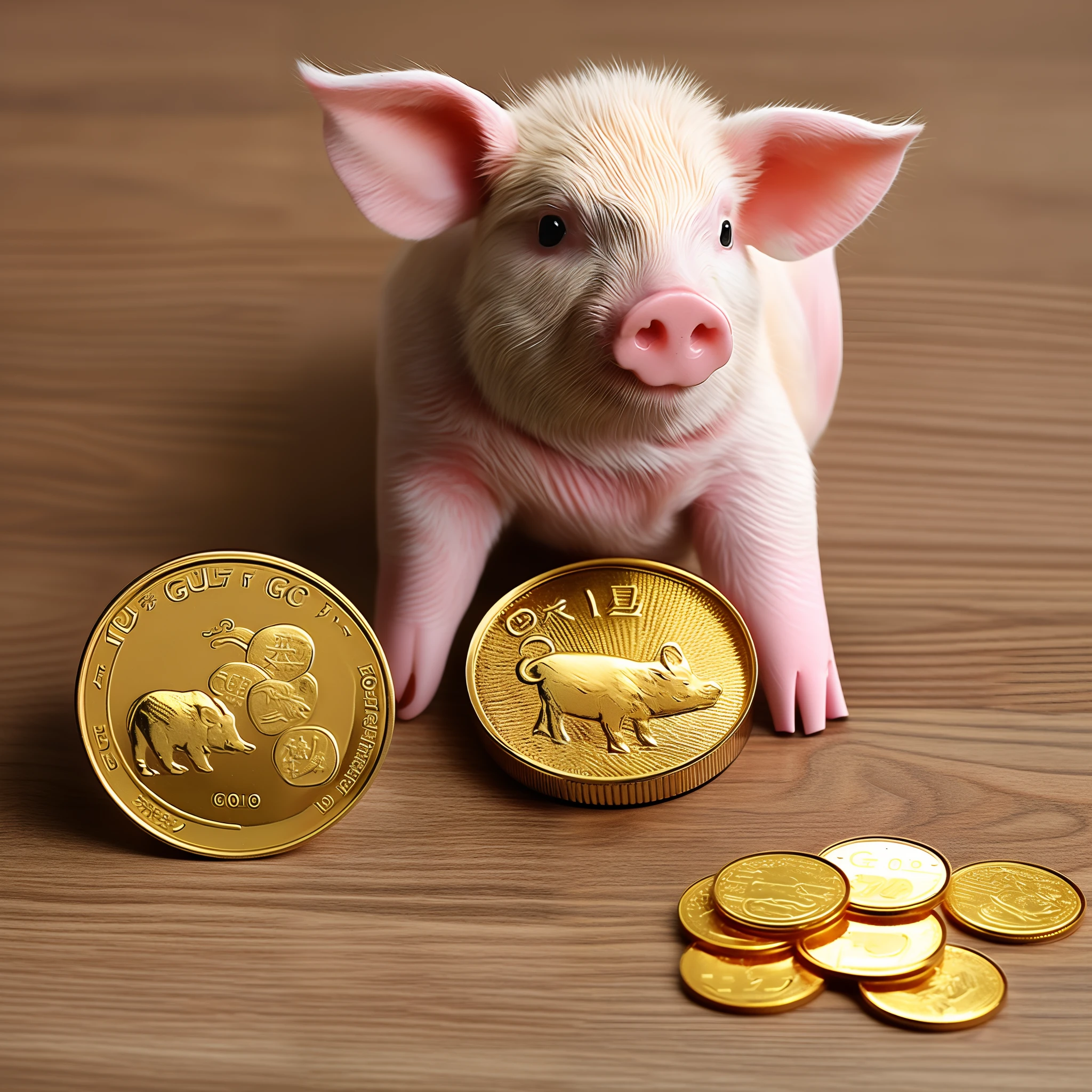 Piglet holding a bag of gold coins、top-quality、realisitic