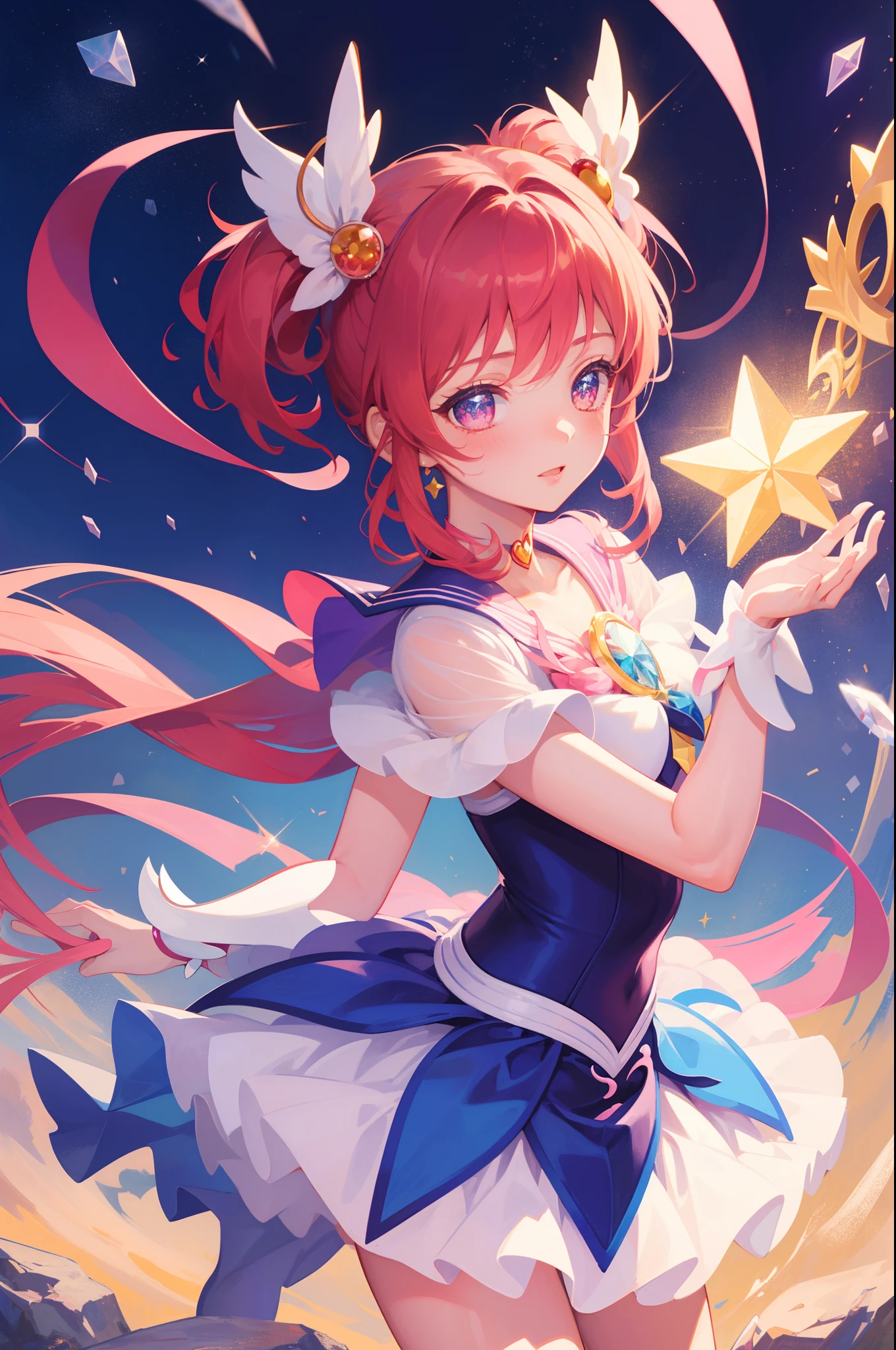 masterpiece, best quality, 1girl, magical girl, detailed magical girl costume, pretty cure, star guardian, Cardcaptor sakura, puella magi madoka magica, sailor moon, colorful gems, crystals, sparkling, bright colors
