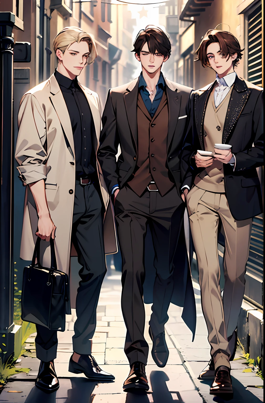 (absurdres, highres, ultra detailed), masterpiece, best quality, 3 man, handsome, black hair, brown hair, casual clothes, background is back alley, best light and shadow, trio friends, 1 black hair man, 1 brown hair man, 1 blond man, tall handsome man, hogwarts vibe, 3 friends, trio friends pose, charming men.