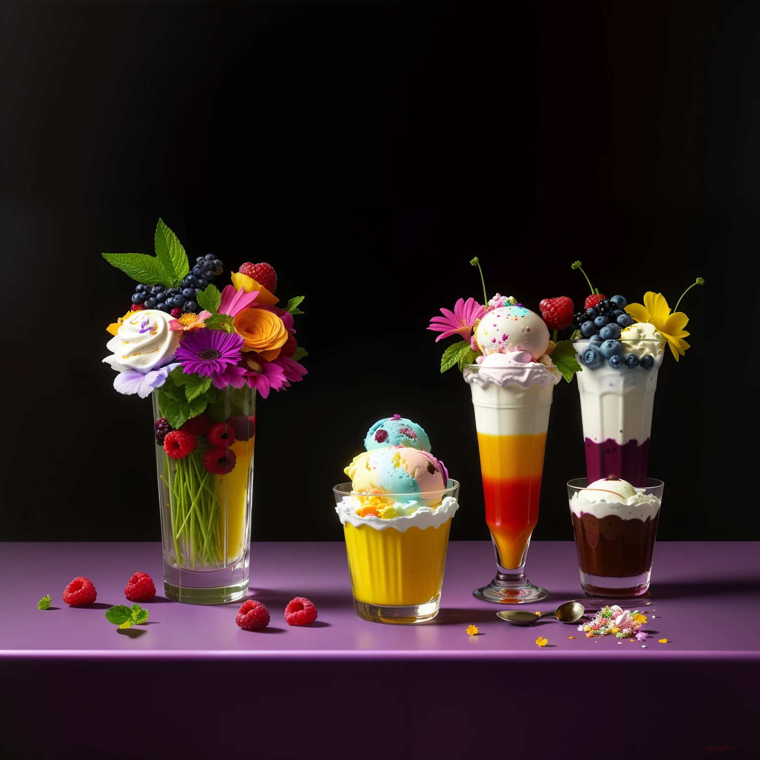 Colorful flowers on the table,
knickerbocker glory, tall and ultra-thin glasses, colorful ice cream, purple ice cream, raspberry, cooley, blueberry, chopped chocolate, powdered sugar, intricate, oil on canvas, masterpiece, expert, detail, 4K resolution, splash art, concept art, composition, framing, refined features,