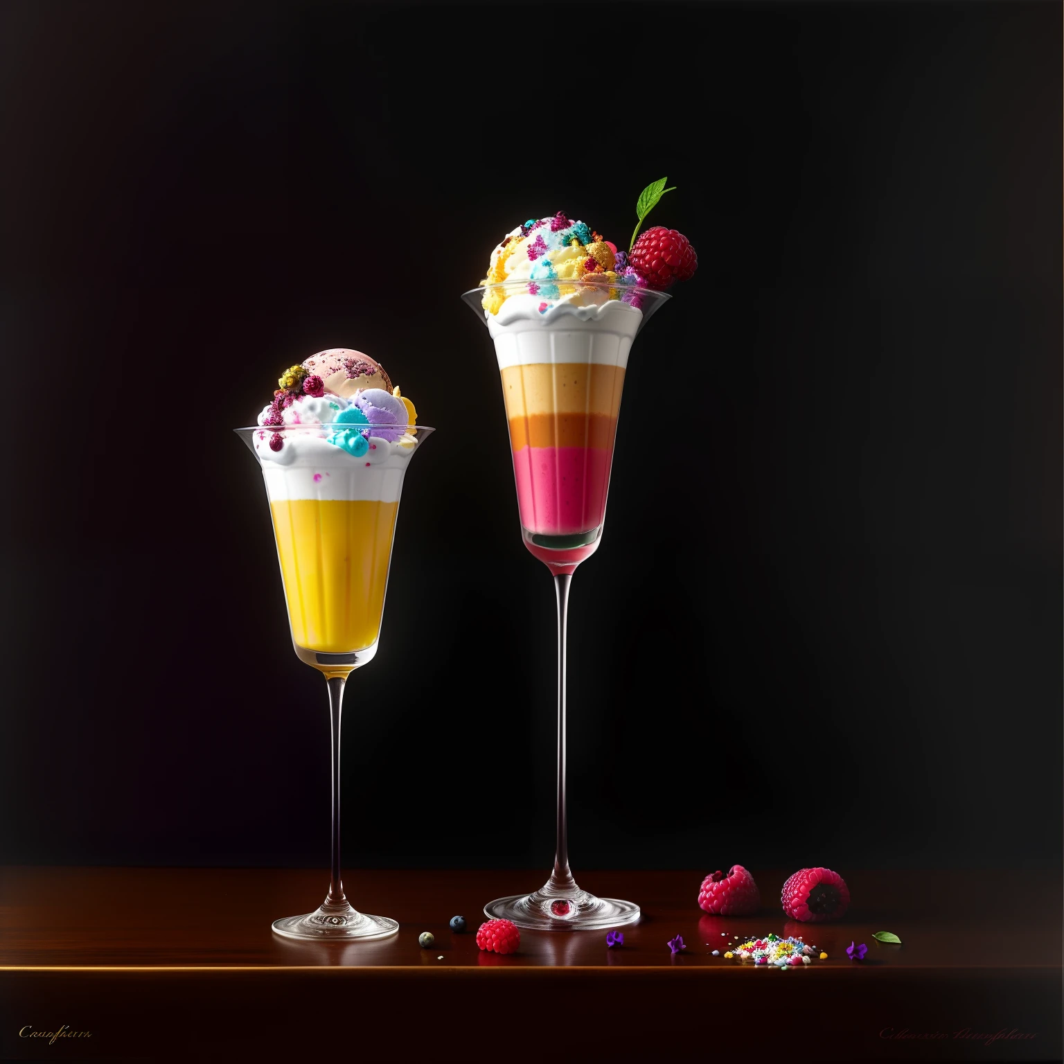 Colorful flowers on the table,
knickerbocker glory, tall and ultra-thin glasses, colorful ice cream, purple ice cream, raspberry, cooley, blueberry, chopped chocolate, powdered sugar, intricate, oil on canvas, masterpiece, expert, detail, 4K resolution, splash art, concept art, composition, framing, refined features,