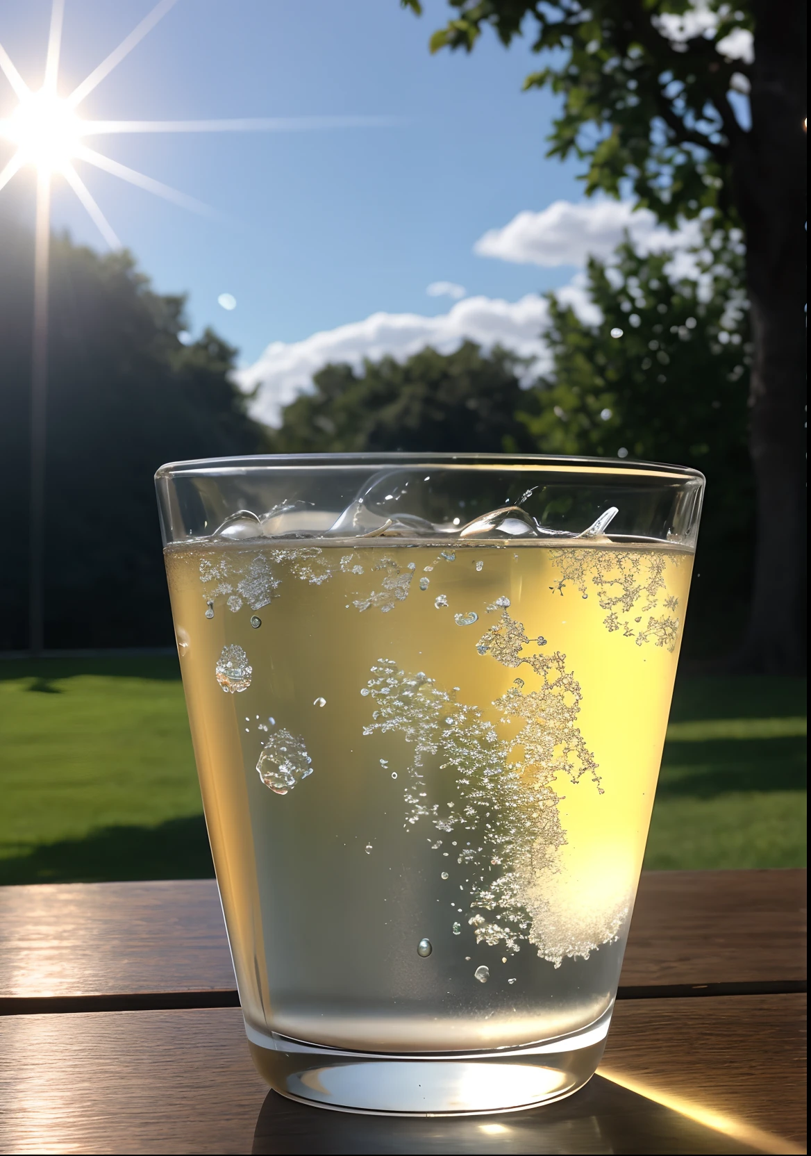 A glass with drops of water filled with carbonated drinks, translucent liquid, ice cubes, bubbles, a floral crown of daisies and lavender on picnic tablecloths, midday outdoor lighting, open air, natural background, summer day, hot weather, high detail, very humid humidity, high brightness, wet watermarks, excessive detail, surrealism, soft light, studio lighting, diffuse soft light, shallow depth of field, sharp focus, bokeke effect, light tracking, subsurface scattering, complex soft light, diffuse soft light, highly detailed glass reflection, ultra-thin (ultra-thin), ultra-thin) (thin, ultra-detailed), cinematic, surrealism, hardware, best quality, ultra-high resolution (photorealistic: 1.4), high resolution, detail, raw photography, clear reproduction, 4 kodak portra 400 stock camera, f1.6 lens, realistic texture, spectacular lighting, not a real engine, popular on artstation, cinemas up to 800,