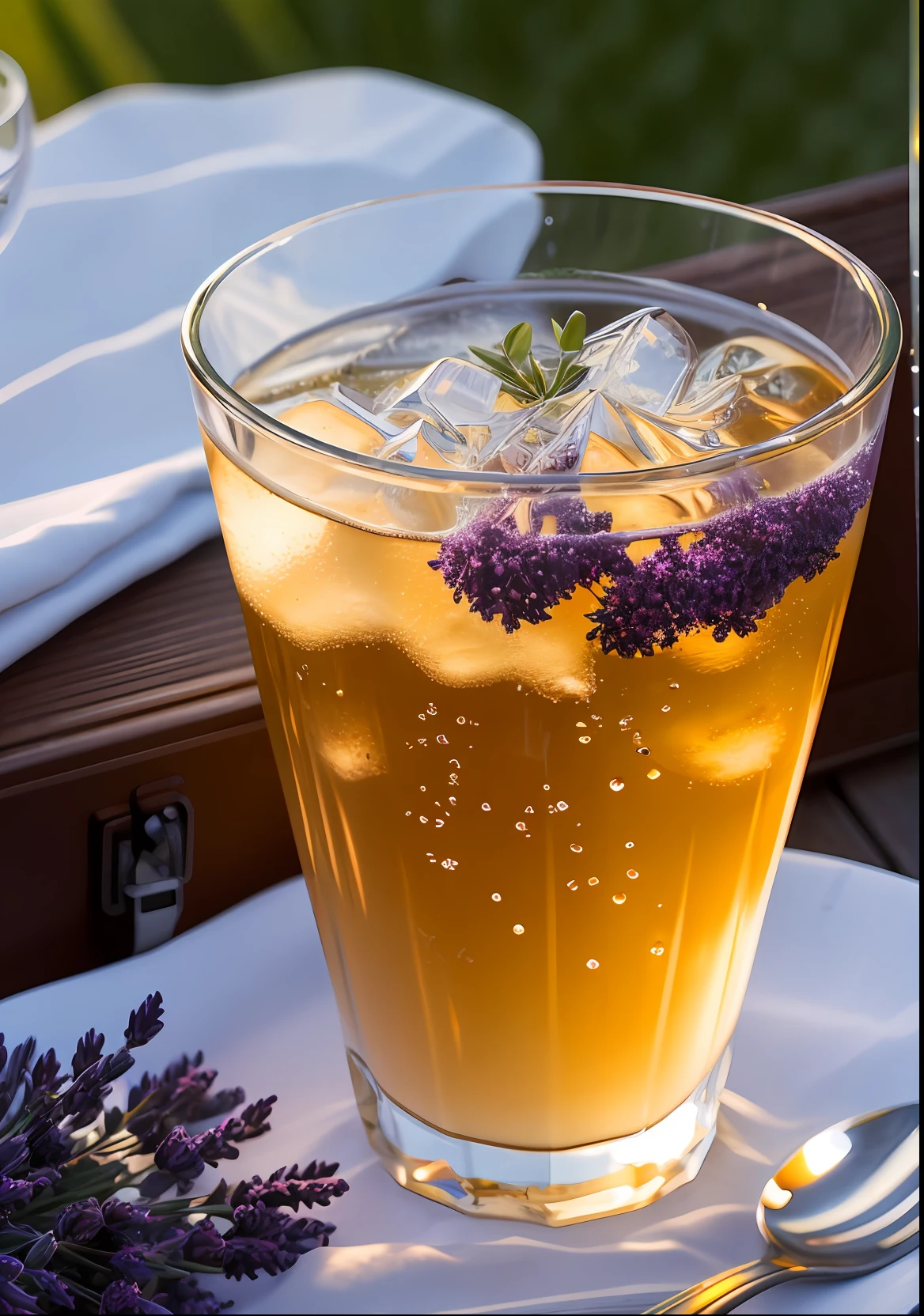 A glass with drops of water filled with carbonated drinks, translucent liquid, ice cubes, bubbles, a floral crown of daisies and lavender on picnic tablecloths, midday outdoor lighting, open air, natural background, summer day, hot weather, high detail, very humid humidity, high brightness, wet watermarks, excessive detail, surrealism, soft light, studio lighting, diffuse soft light, shallow depth of field, sharp focus, bokeke effect, light tracking, subsurface scattering, complex soft light, diffuse soft light, highly detailed glass reflection, ultra-thin (ultra-thin), ultra-thin) (thin, ultra-detailed), cinematic, surrealism, hardware, best quality, ultra-high resolution (photorealistic: 1.4), high resolution, detail, raw photography, clear reproduction, 4 kodak portra 400 stock camera, f1.6 lens, realistic texture, spectacular lighting, not a real engine, popular on artstation, cinemas up to 800,