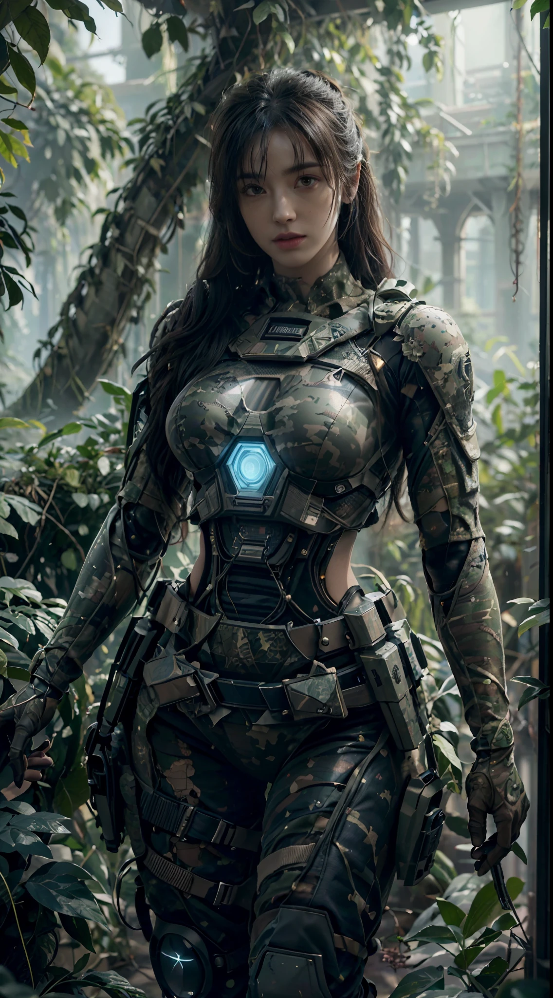 ((Best quality)), ((masterpiece)), (highly detailed:1.3), 3D, beautiful (cyberpunk:1.2) special forces, robort,female with thick voluminous hair wearing (wearing camouflage_uniform:1.1), body armour,cape,digital (camouflage:1.3),HDR (High Dynamic Range),Ray Tracing,NVIDIA RTX,Super-Resolution,Unreal 5,Subsurface scattering,PBR Texturing,Post-processing,Anisotropic Filtering,Depth-of-field,Maximum clarity and sharpness,Multi-layered textures,Albedo and Specular maps,Surface shading,Accurate simulation of light-material interaction,Perfect proportions,Octane Render,Two-tone lighting,Wide aperture,Low ISO,White balance,Rule of thirds,8K RAW,Efficient Sub-Pixel,sub-pixel convolution