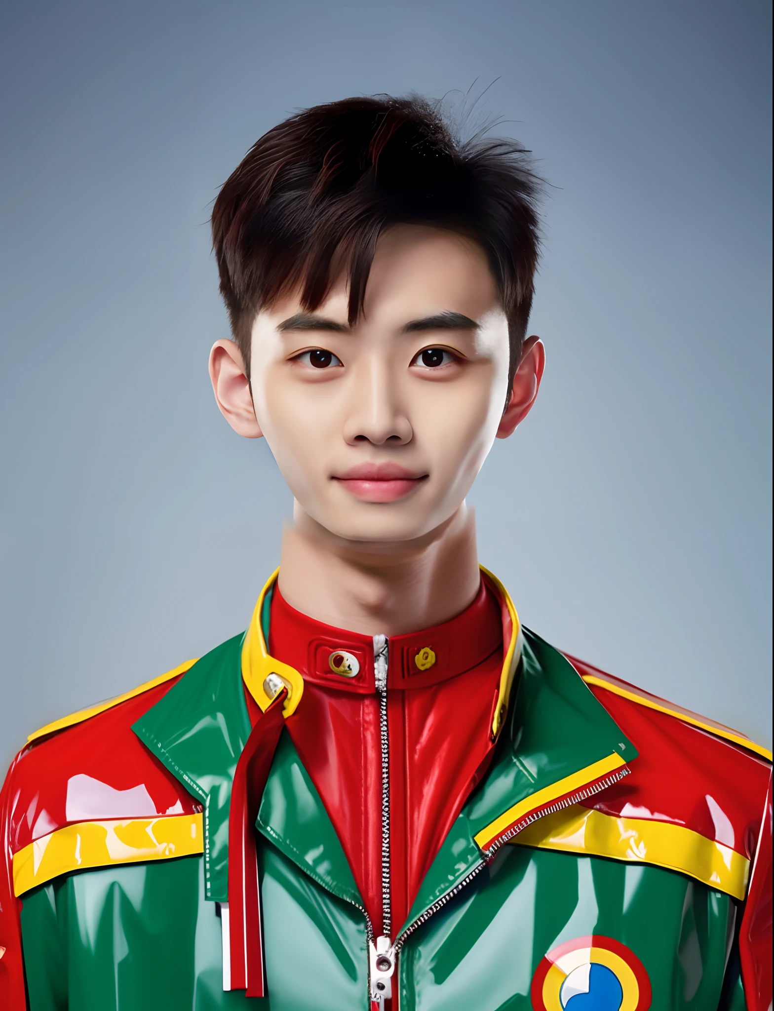 Handsome Chinese male high school student,Wearing PVC red and yellow motorcycle suits,There are zippers,greybackground