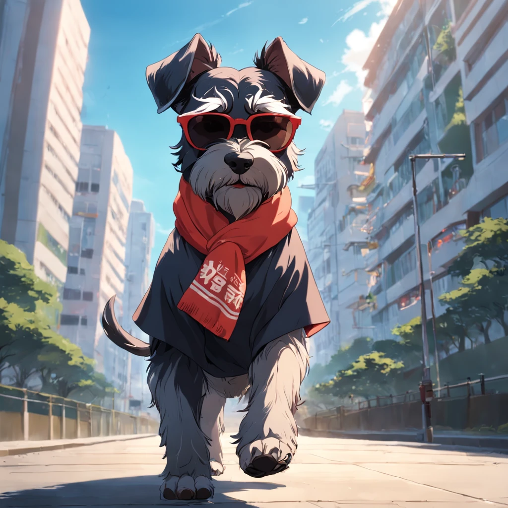 master part, um schnauzer, estilo matricial, casaco Preto, passeando no parque, walking on the sidewalk with a scarf on his head, sun glasses, Dynamic angle, melhor qualidade, 4k,