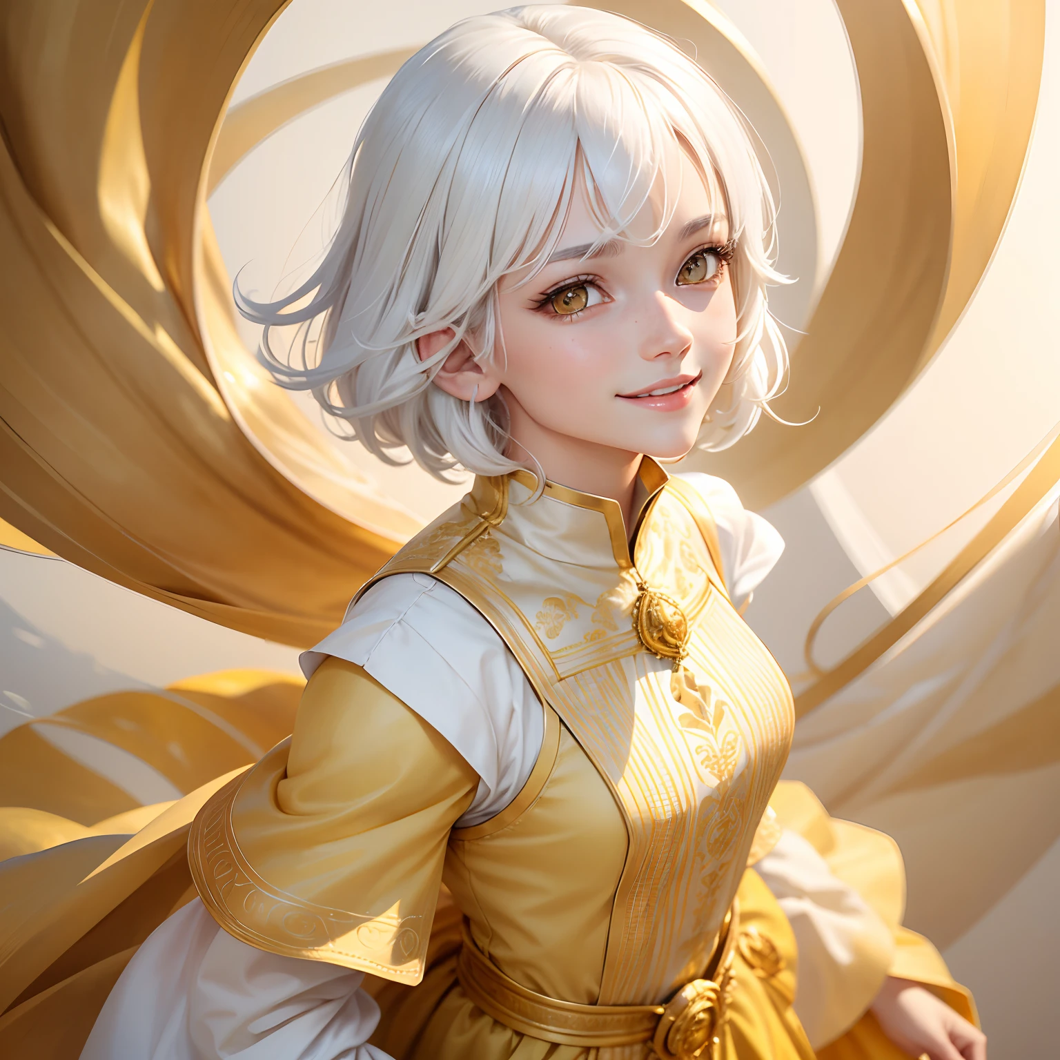 best quality, white hair, gold eyes, yellow clothes, looking up, upper body, hair strand, Fair skin, smiling