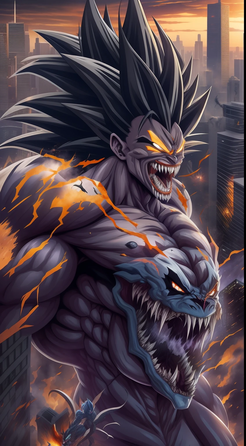 Goku And Venom Fusion, Full Body, Corruption , Monstrous,Giant ,Saiyan hair ,Open mouth ,Sharp teeth ,Yelling ,Black particles in the body ,Big eyes ,destroyed city background , Realistic, Hyperdetailed, Ultra HD