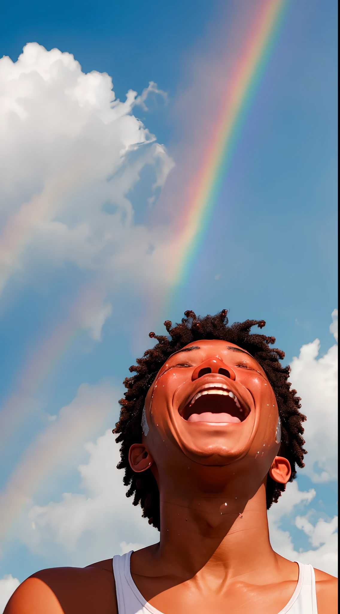 crying face look up at the sky There is a rainbow in the sky