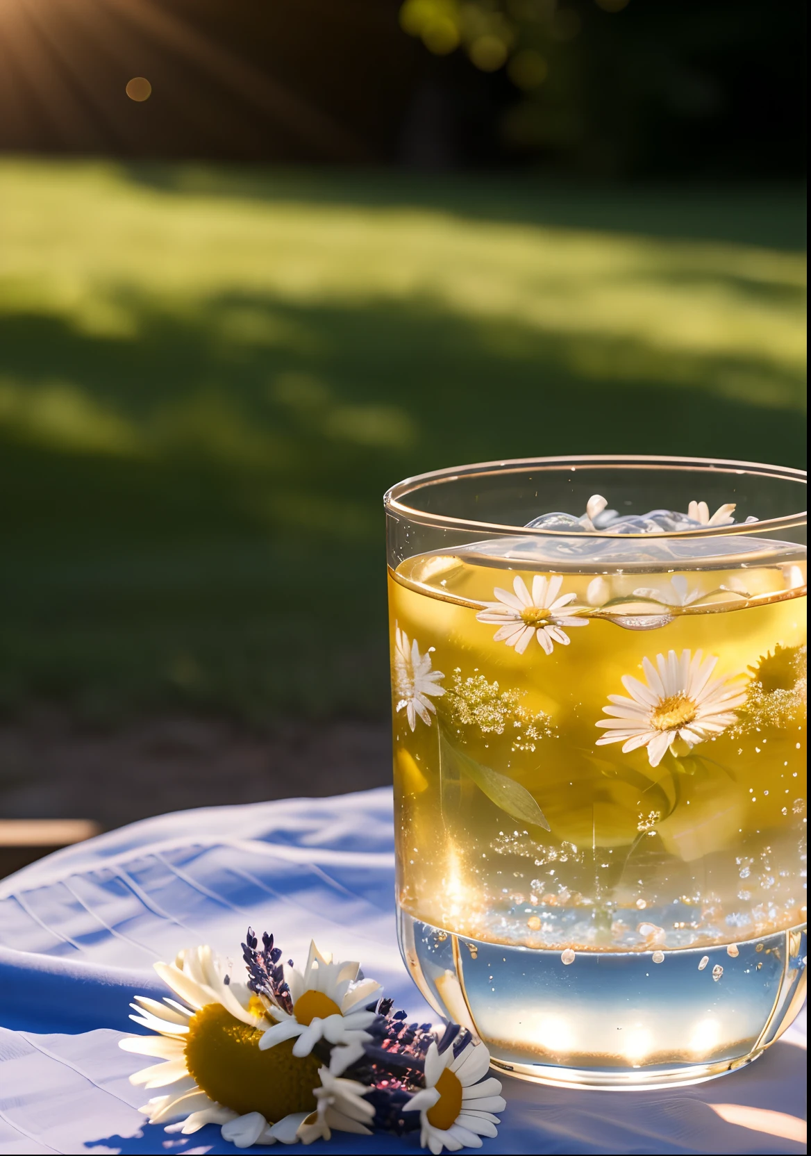 A glass with drops of water filled with carbonated drinks, translucent liquid, ice cubes, bubbles, a floral crown of daisies and lavender on picnic tablecloths, midday outdoor lighting, open air, natural background, summer day, hot weather, high detail, very humid humidity, high brightness, wet watermarks, excessive detail, surrealism, soft light, studio lighting, diffuse soft light, shallow depth of field, sharp focus, bokeke effect, light tracking, subsurface scattering, complex soft light, diffuse soft light, highly detailed glass reflection, ultra-thin (ultra-thin), ultra-thin) (thin, ultra-detailed), cinematic, surrealism, hardware, best quality, ultra-high resolution (photorealistic: 1.4), high resolution, detail, raw photography, clear reproduction, 4 kodak portra 400 stock camera, f1.6 lens, realistic texture, spectacular lighting, not a real engine, popular on artstation, cinemas up to 800,