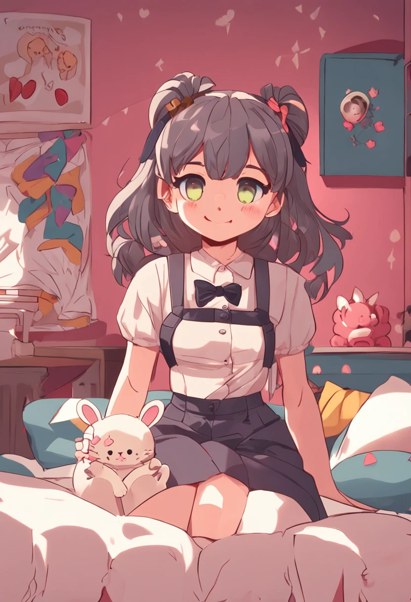 Muscle girl, anime style, cute, ta fashion, holding a bunny plush, cute bedroom, smiling tenderly