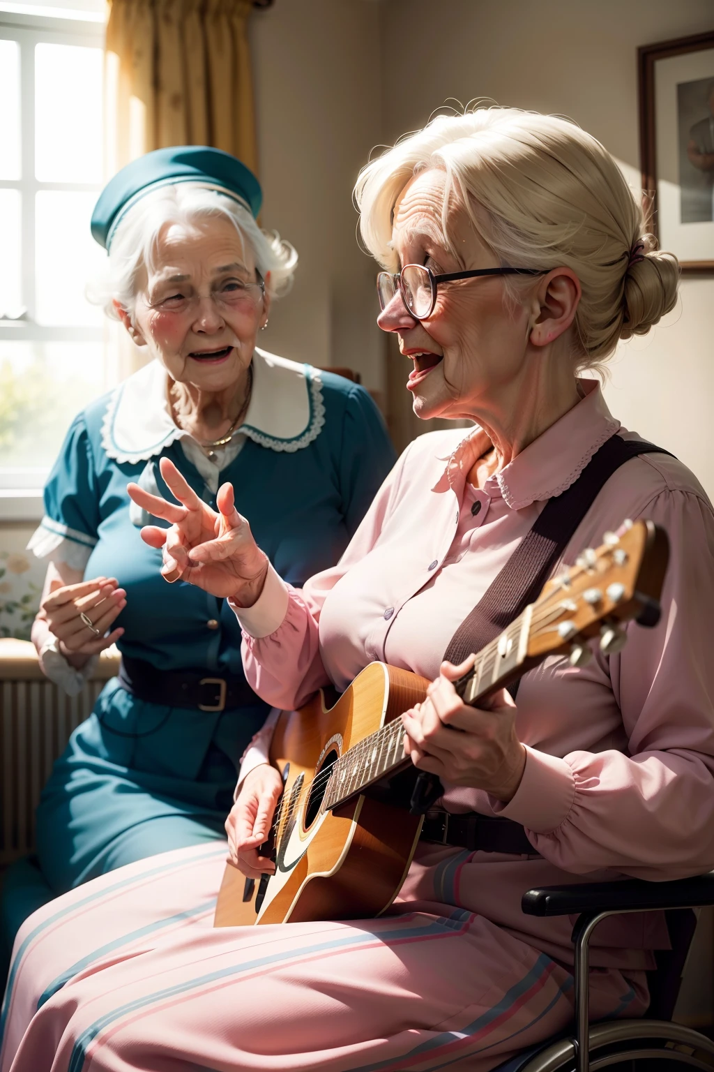 Elderly Care Home (UK) Positive images of people enjoying activities singing dancing, and playing, high-quality medium format photography, National Geographic style
