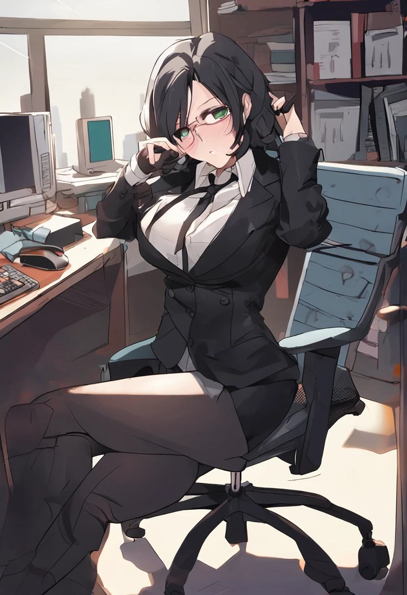 businesswoman, spread legs, sitting on office chair, open white shirt, no bra, huge exposed boobs, tight skirt, thick thighs, glasses, smug expression, piercing green eyes, shoulder-length black hair, black thigh highs, nsfw