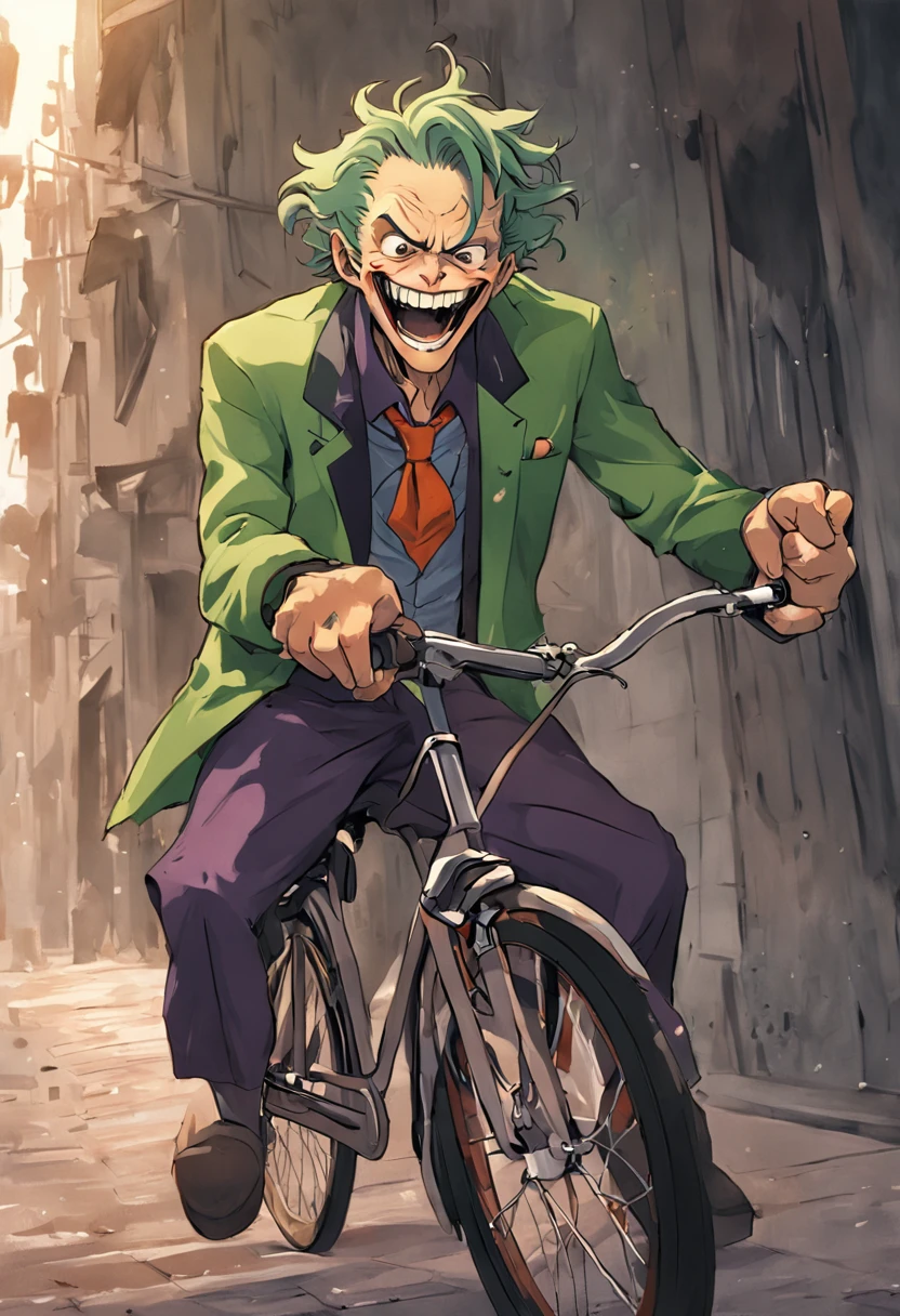 The image shows the source from "jocker" In a relaxing moment, loopy. This depiction creates a striking contrast between the clown's chaotic personality and the peaceful activity of cycling.

The Joker wears his signature costume, But in a more casual way, It's like you're enjoying a day of rest. A wry, mysterious smile appeared on his face。, as usual, add a touch of mystique to the scene.

He holds the handlebars of his bike in one hand, When the other hand is in the air, It's like you're having fun，It causes a certain amount of confusion even when pedaling.

The background of the image presents the urban environment, There are buildings and roads, It is implied that the clown is cycling through the streets of the city.

The main color is a shade of purple, green and red, Something to do with clowns. This color palette adds a touch of familiarity，At the same time, it contrasts with unexpected scenes.

This image creates an interesting and entertaining scene by showing the clown in an unusual activity. It evokes a sense of smiles and surprise, Viewers are invited to contemplate the complexity and unpredictability of this iconic character.