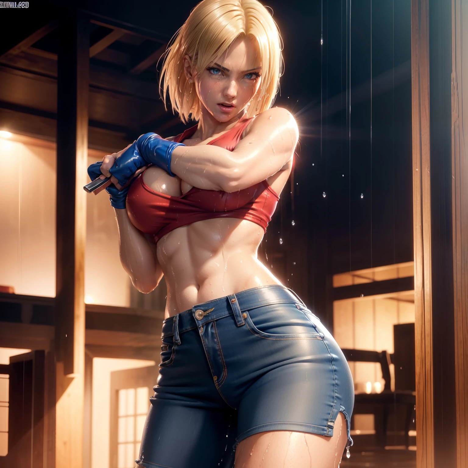 Blue Mary from fatal fury,, sexy pose, masterpiece, cowboy shoot, ultra realistic, micro skirt, cammel toe, ultra cleavage, partialy visible boobs, visible panties, wet visible panties, sexy happy face, sperm in hand, ultra realistic, photo realistic, (1girl), solo, red shirt transparent, wet body, wet clothes
