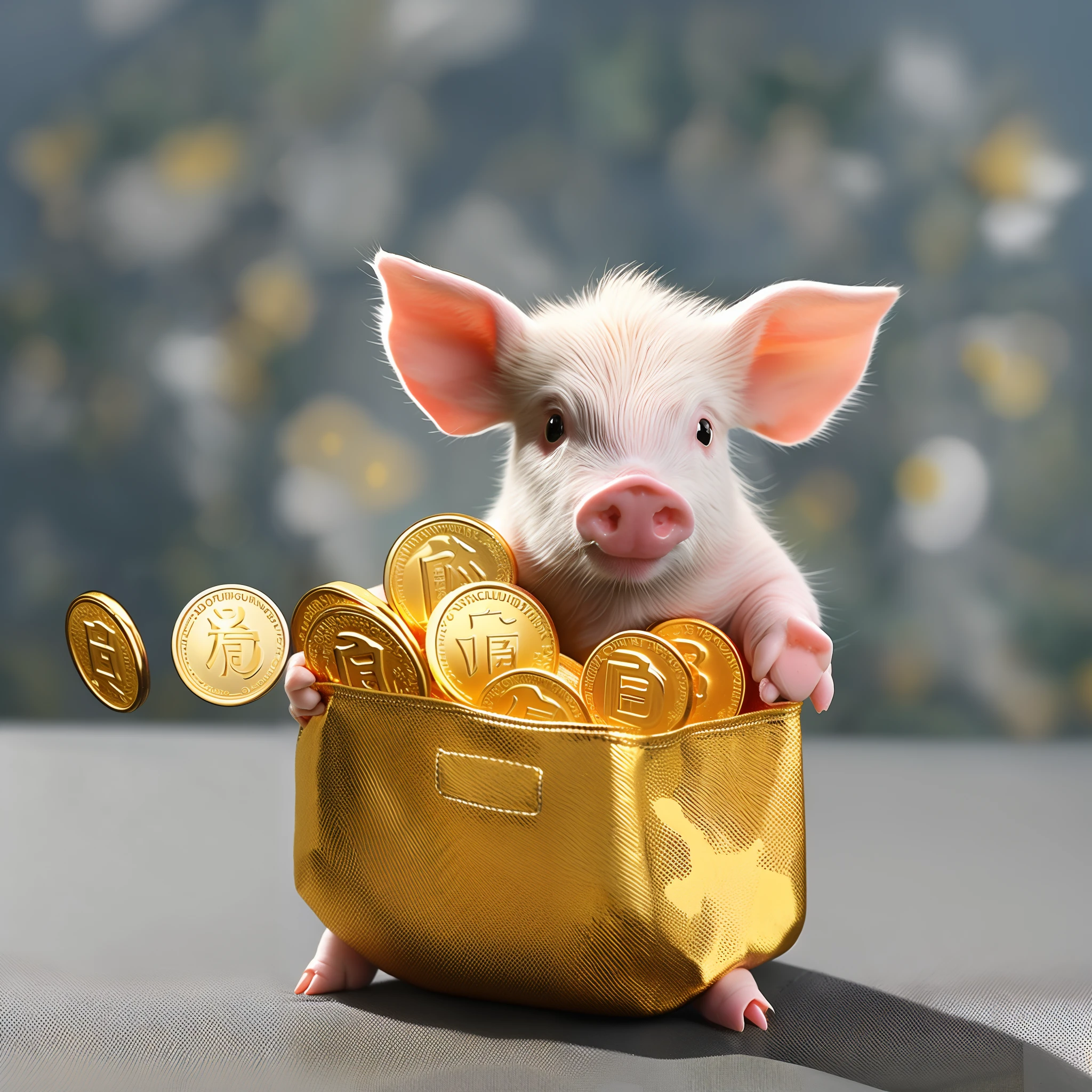 Piglet holding a bag of gold coins、top-quality、realisitic
