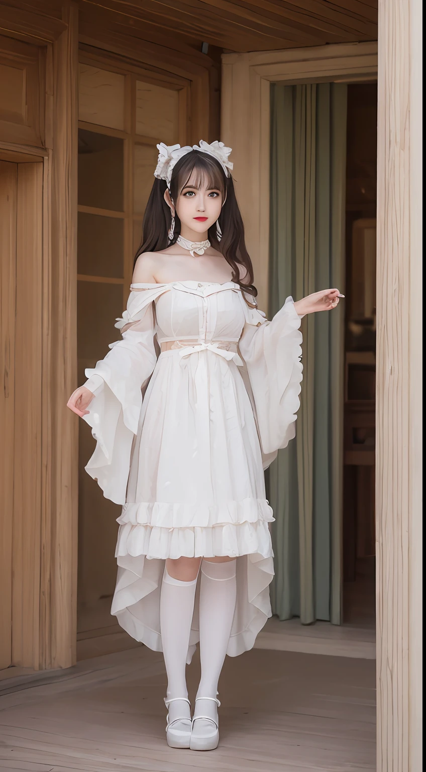 (Best quality images, 8K, Masterpiece: 1.3), 1 girl,详细的脸:1.2,Beutiful women,The abdominal muscles are slender: 1.3,Slender legs, (Casual hairstyle, G-cup: 1.6, Clothes with off-the-shoulder breasts 1.3), Gorgeous Lolita costume: 1.1,Superskirt:1.2, Delicate eyes, Double eyelids, Shallow smile, Palatial palace,Temple